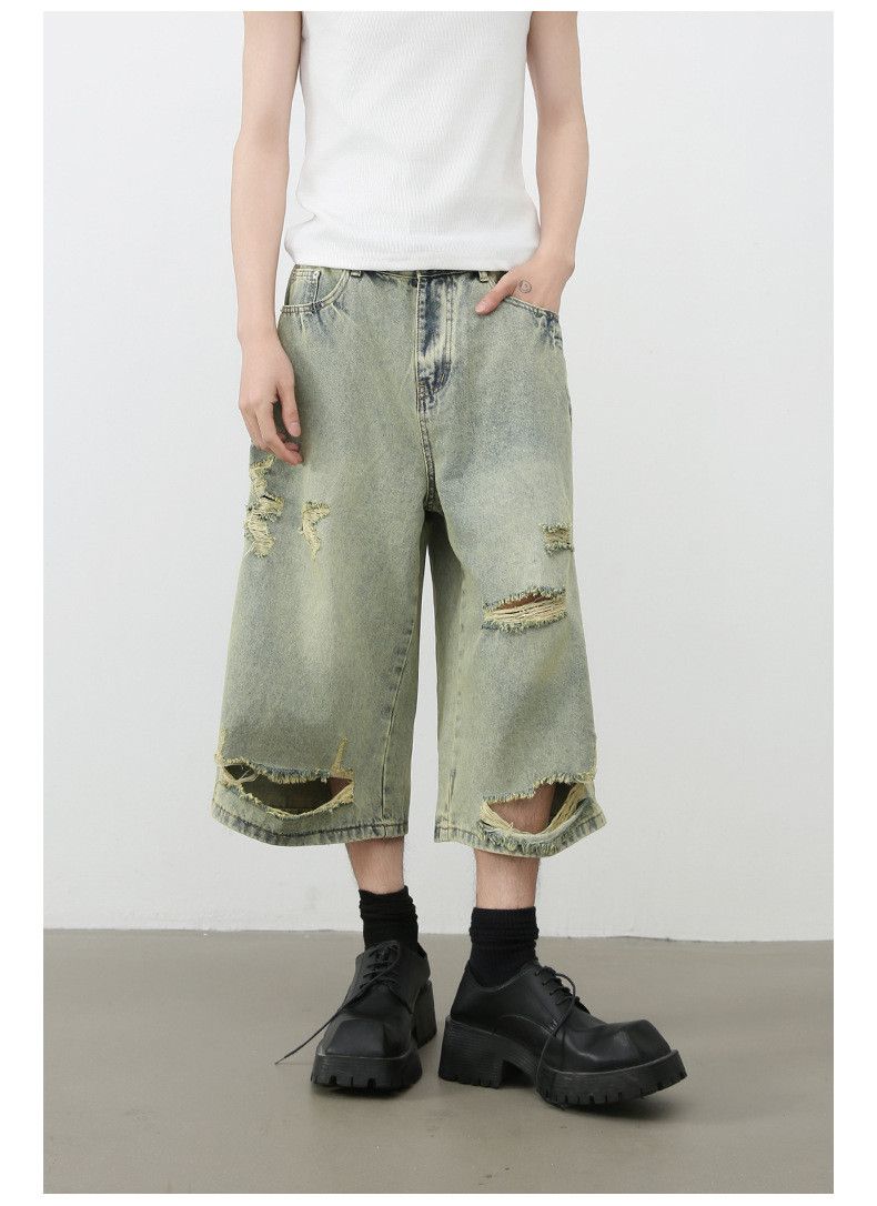 Japanese Brand × Jean Men's loose all-match straight retro ripped denim shorts Size US 32 / EU 48 - 3 Thumbnail