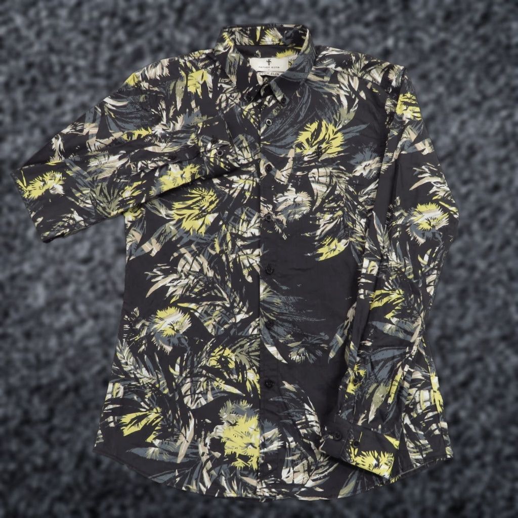Vintage Father Sons Shirt Mens Large SLIM Fit Black Yellow Floral Graphic Button Down Size US L / EU 52-54 / 3 - 1 Thumbnail