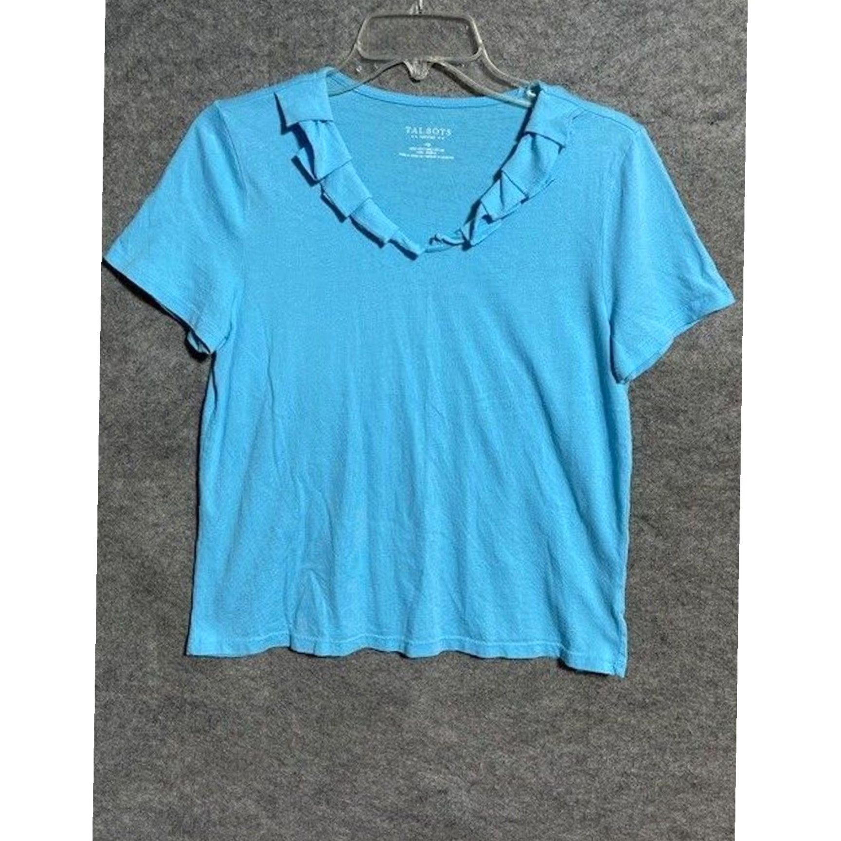 Talbots Talbots Petites Blouse MP Cotton Modal Ruffles V-Neck Short Sleeve Blue Casual Office Travel Womens Size M / US 6-8 / IT 42-44 - 2 Thumbnail