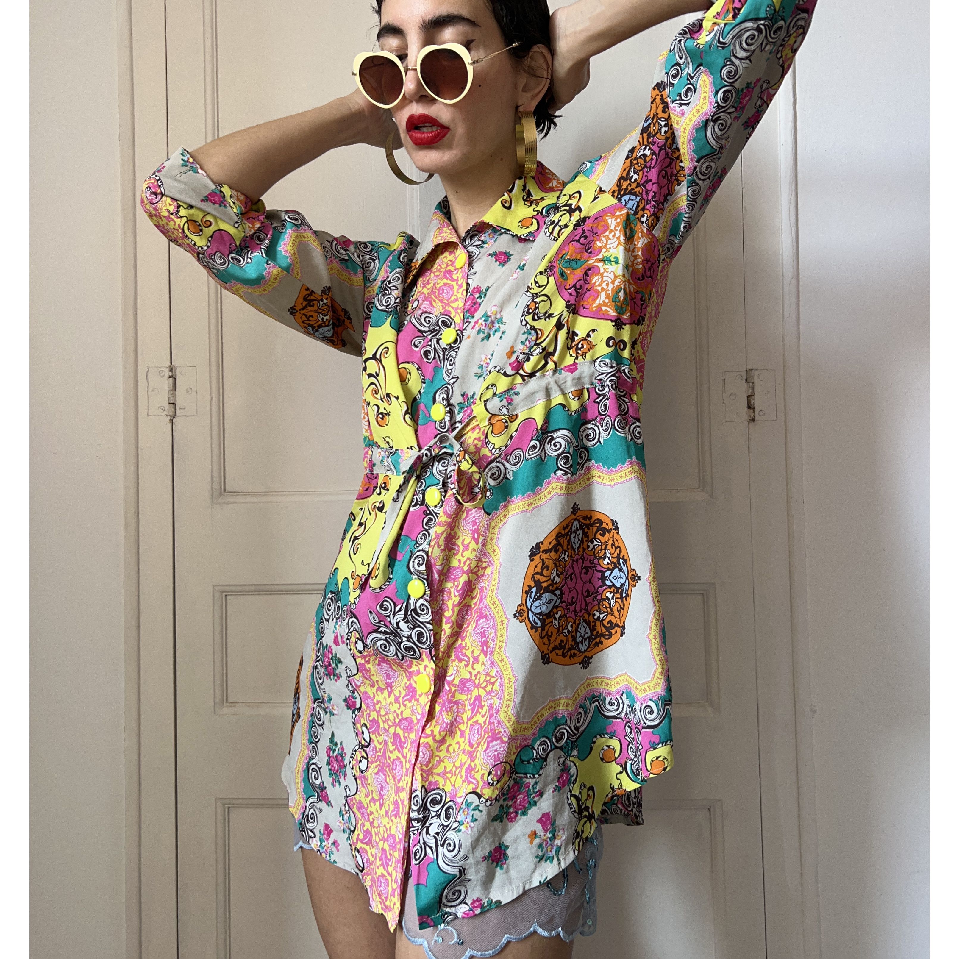 Vintage Y2K Baroque Print Shirt Dress Size L / US 10 / IT 46 - 6 Thumbnail