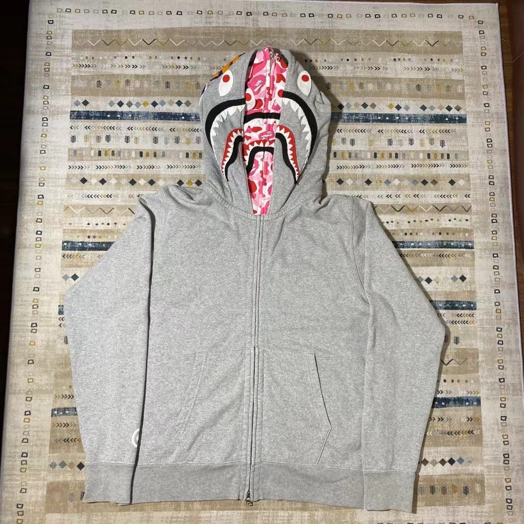 image of Bape Abc Camo Shark Wide Full Zip Double Hoodie in Grey, Men's (Size Large)