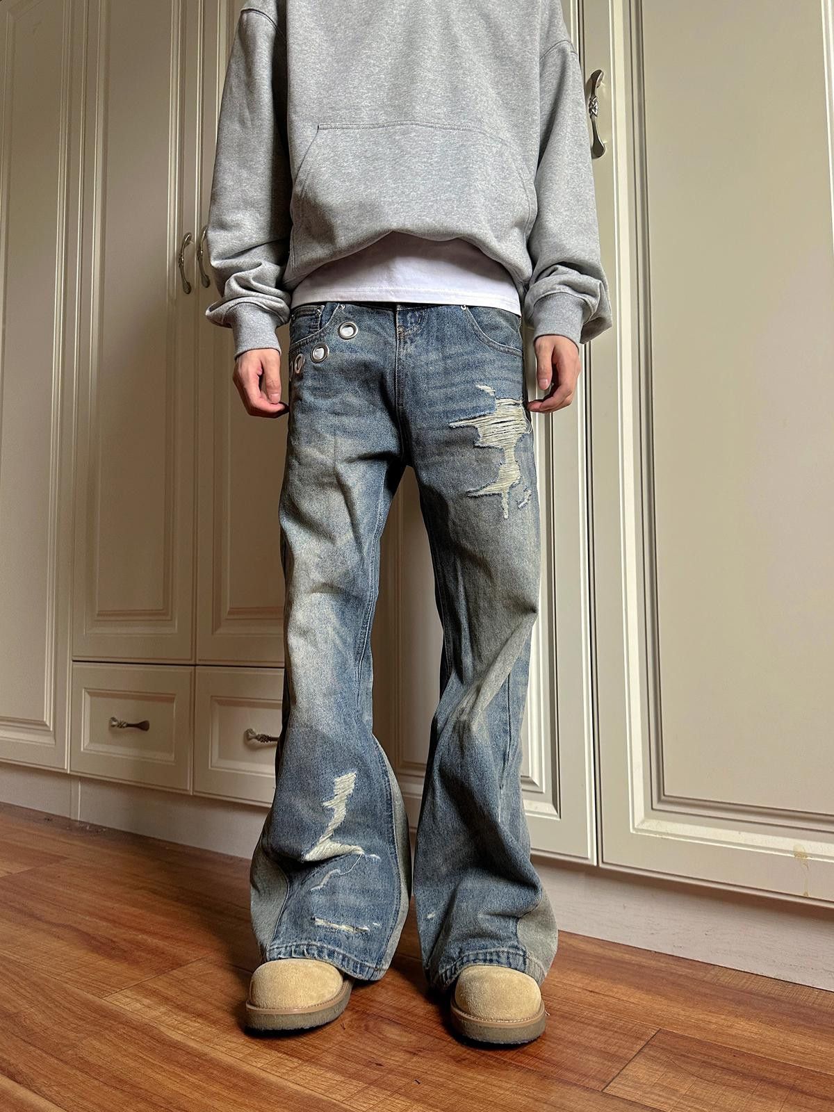 Jean Distressed Wide Leg Flare Jeans With Button Accents Size US 34 / EU 50 - 1 Thumbnail