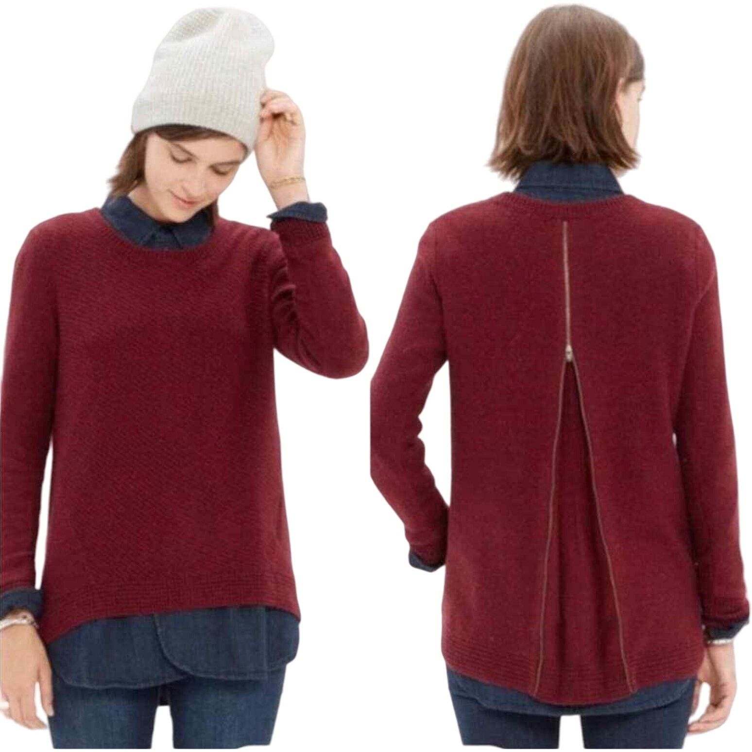 Madewell Madewell Back Zip Burgundy Long Sleeve Crew Neck Sweater Size S / US 4 / IT 40 - 1 Thumbnail