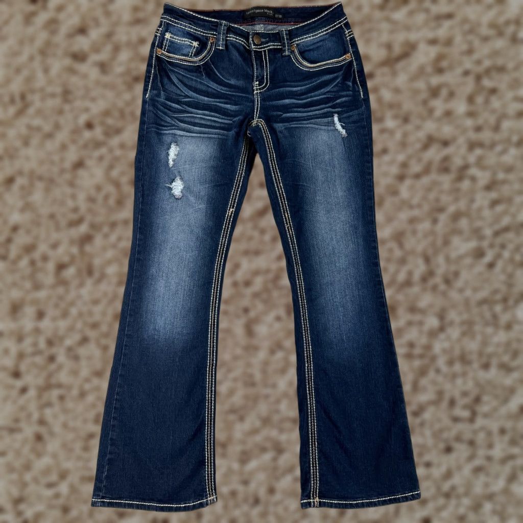 Denime Twentyone Black Jeans Women 11 Bootcut Denim Blue Distressed Stretch 5-Pocket Rise Low Inseam 31 in Regular Size Type: Regular Size 32" / US 10 / IT 46 - 1 Thumbnail