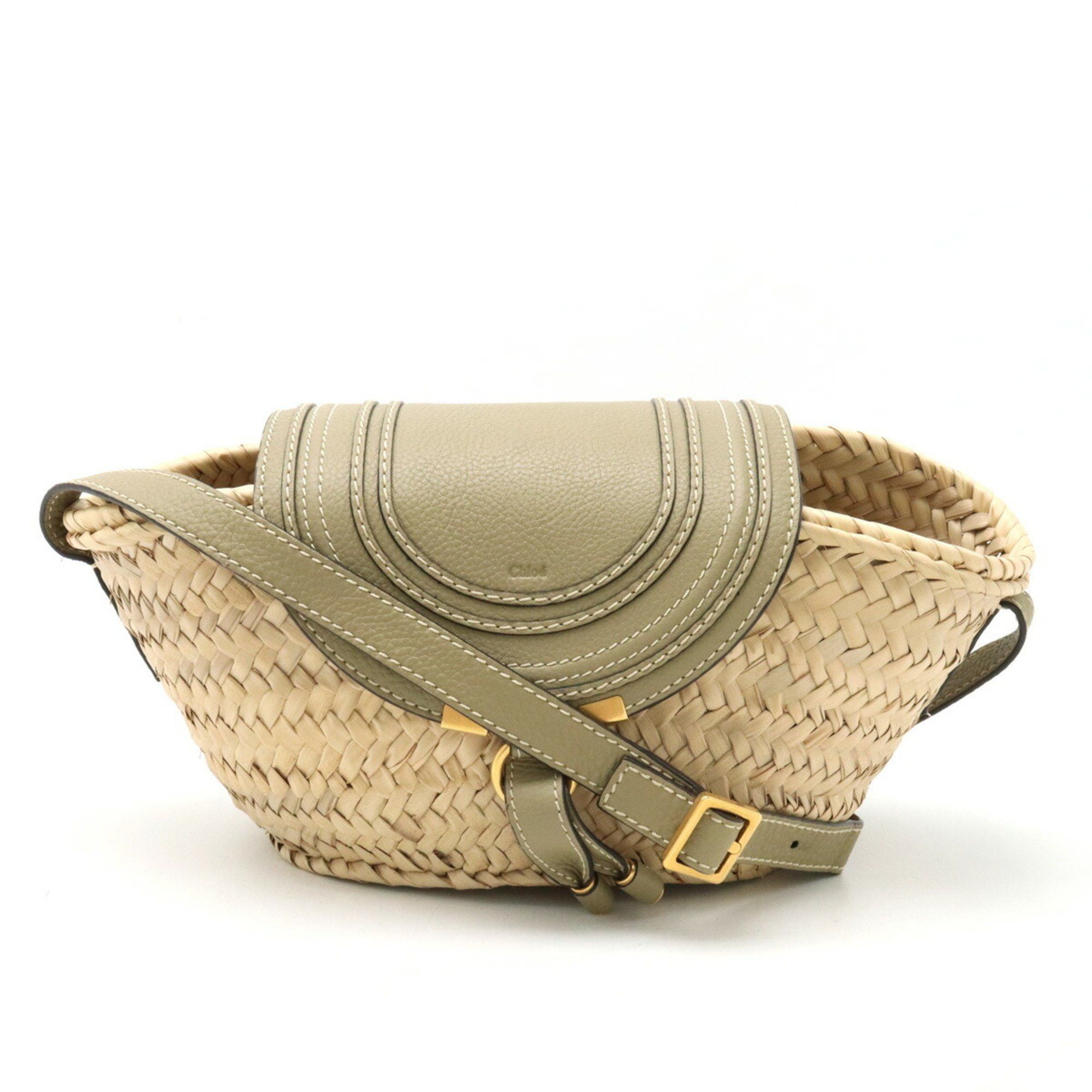 image of Chloé Chloe Marcie Small Basket Shoulder Bag Raffia Leather Pottery Green Natural Chc20Us829C9738I,