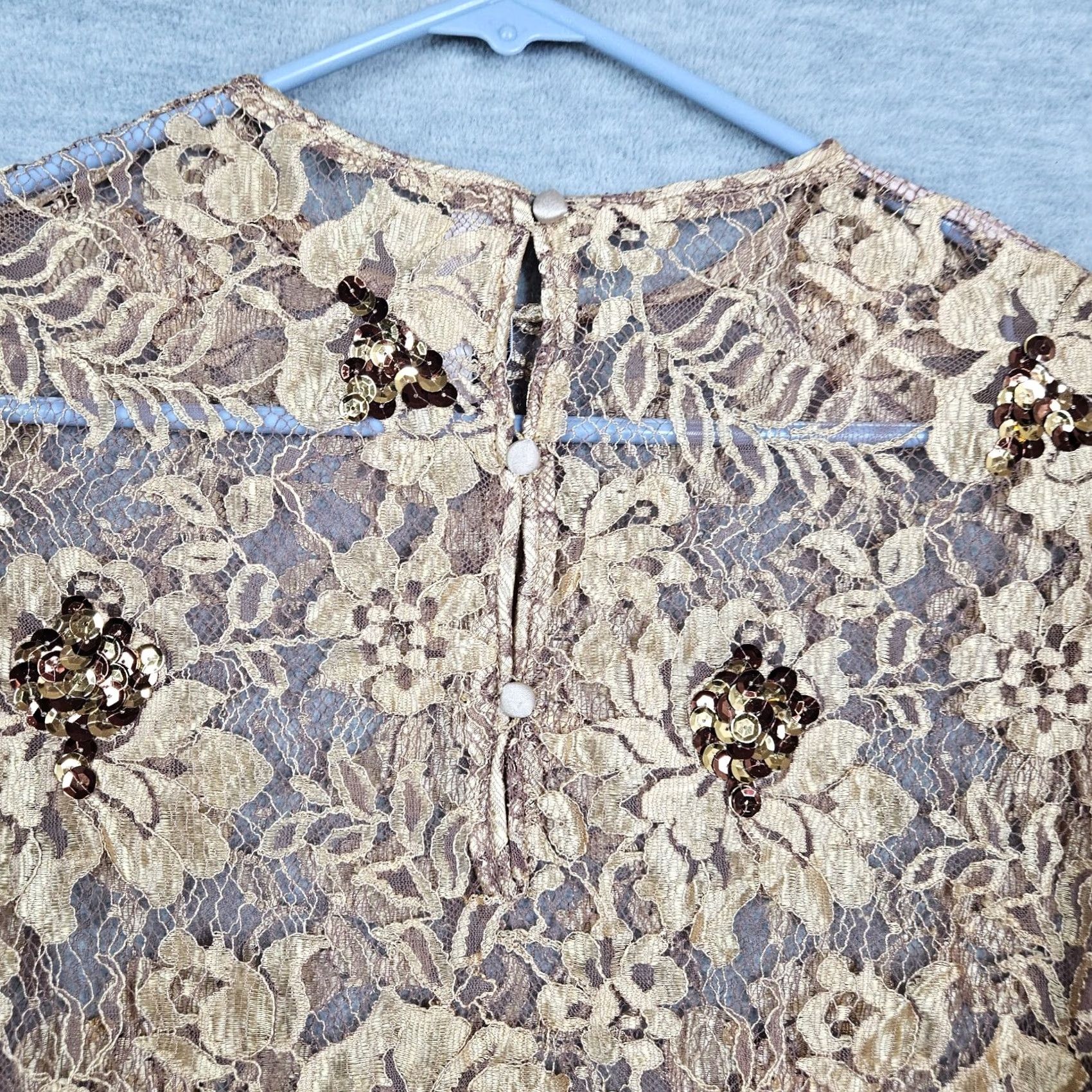 Vintage Annemarie Gardin Blouse Mock Neck Lace Floral Printed Gold Sz 12 Womens Regular Long Sleeve Sequin Size XL / US 12-14 / IT 48-50 - 4 Thumbnail
