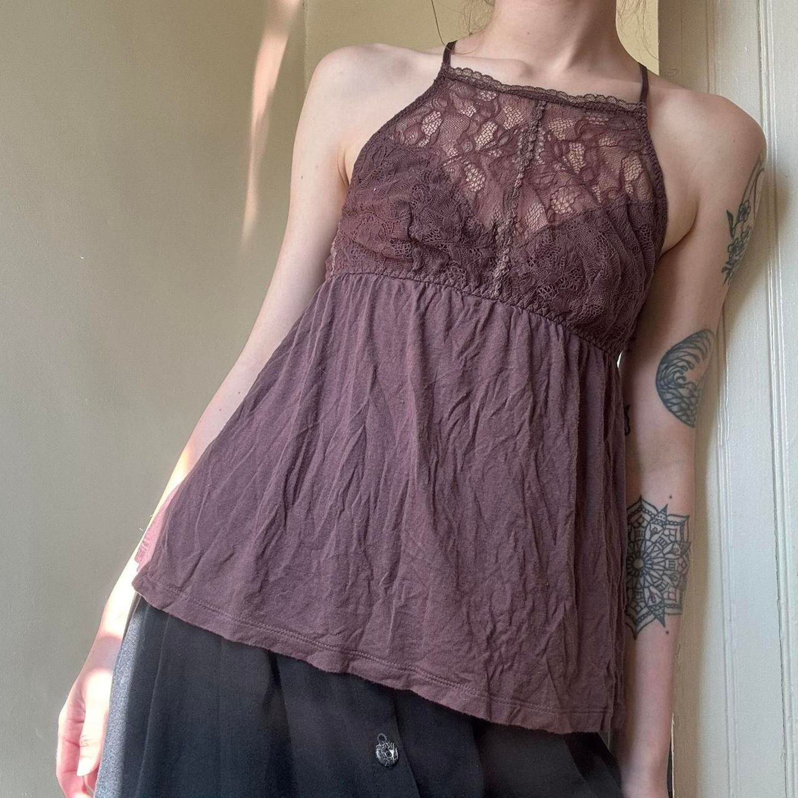 Eberjey Eberjey Brown Lace Fairycore Tank Small Western Boho Hippie Size S / US 4 / IT 40 - 1 Thumbnail