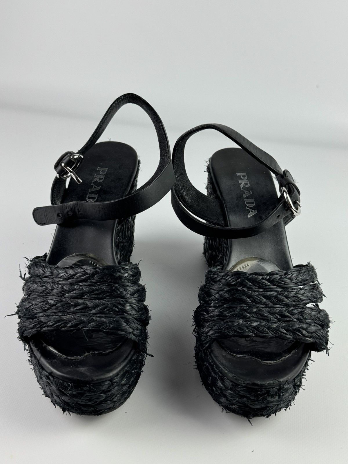 Prada Raffia Crisscross Wedge Sandals Espadrilles Black