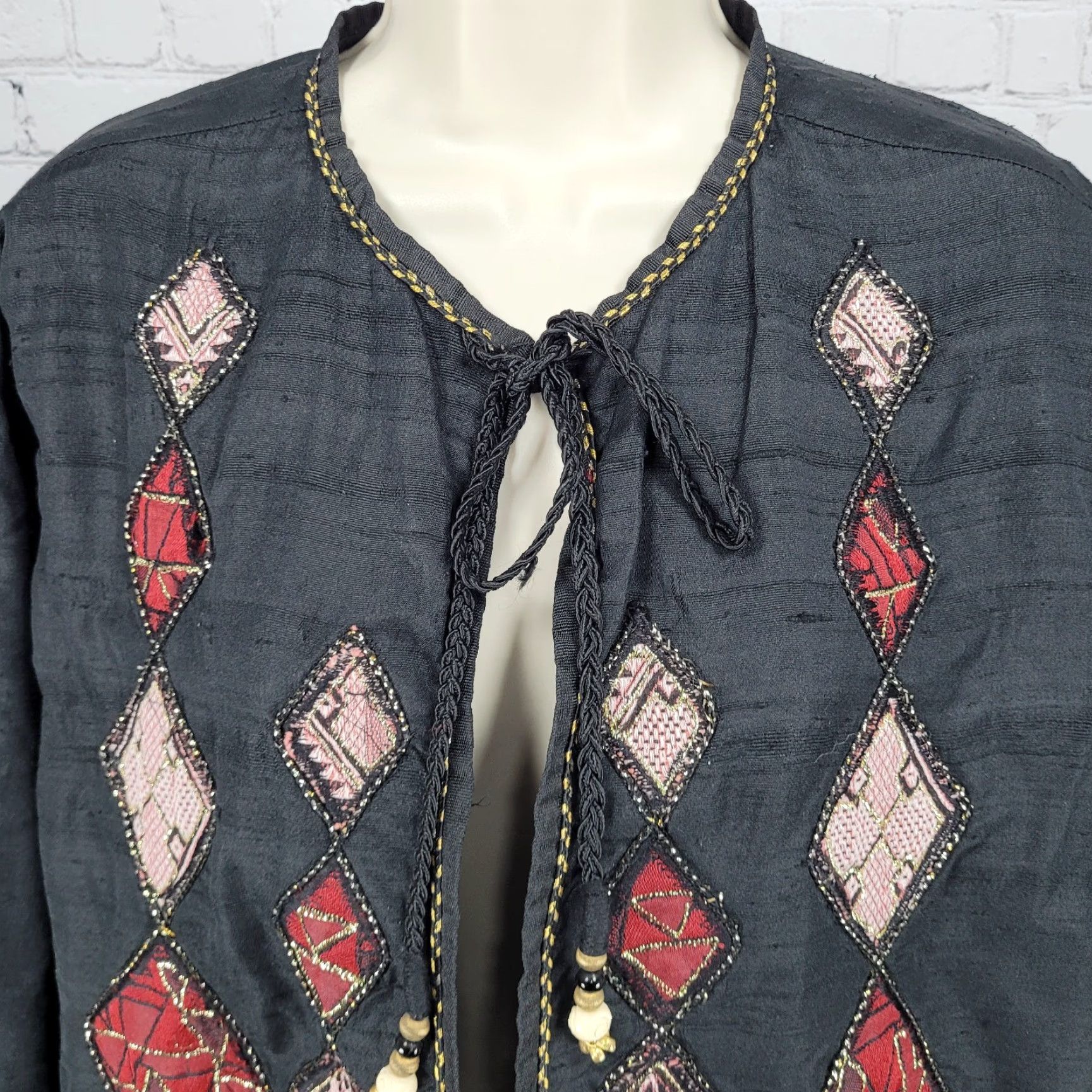 Vintage VTG Allure Black 100% Silk Tassel Embroidered Gold Lightweight Lined Jacket L Size L / US 10 / IT 46 - 5 Thumbnail