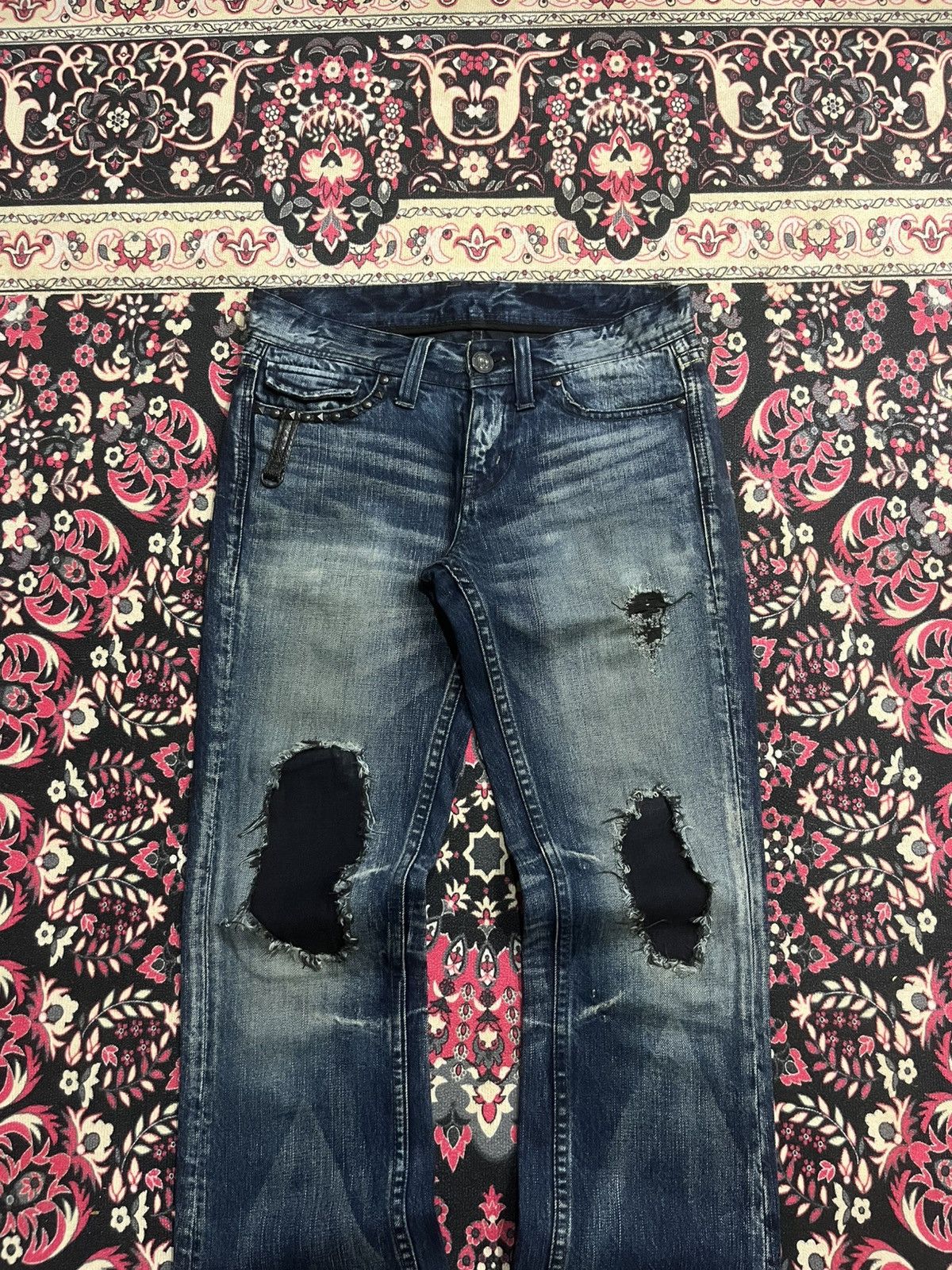 Tornado Mart Vintage Midas Snake Skin Studded Blue Crack Wash Flare Jeans Size US 30 / EU 46 - 3 Thumbnail