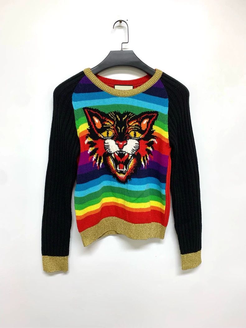 Gucci Tiger Knit Sweater with Rainbow Stripes- DMC