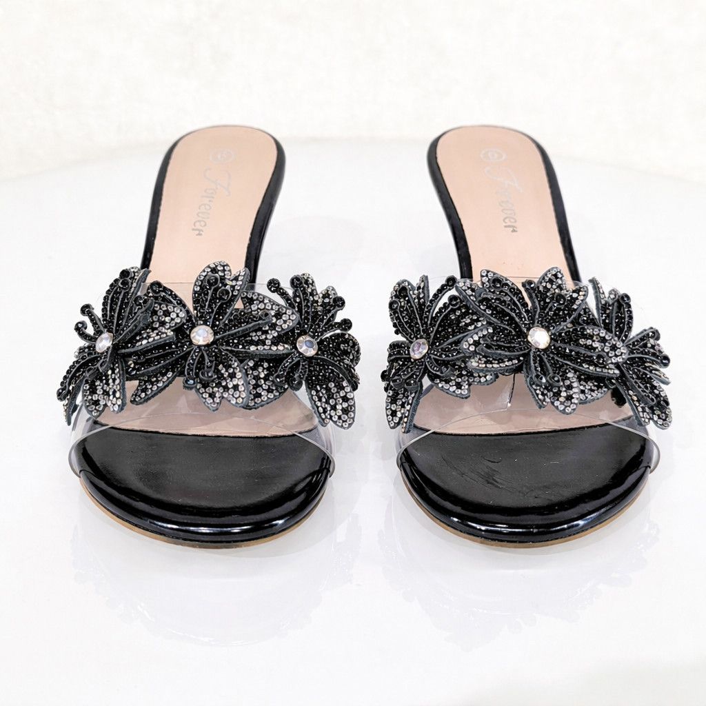 Other Eva Rhinestone Flower Black Slip On 2.5" Wedge Heel Casual E Size US 6 / IT 36 - 5 Thumbnail