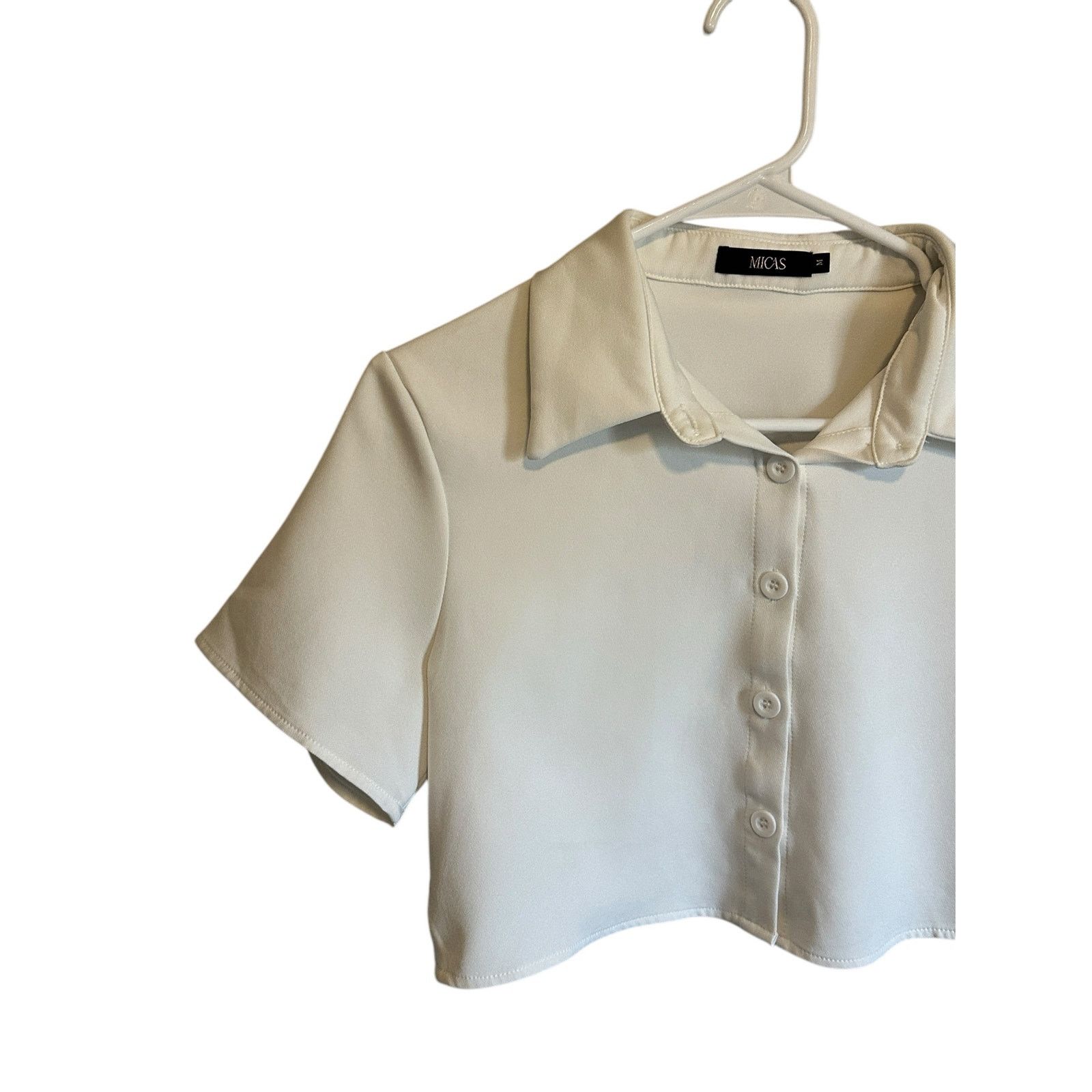 Other Micas White Cropped Short Sleeve Collared Button Up Blouse Size M / US 6-8 / IT 42-44 - 3 Thumbnail