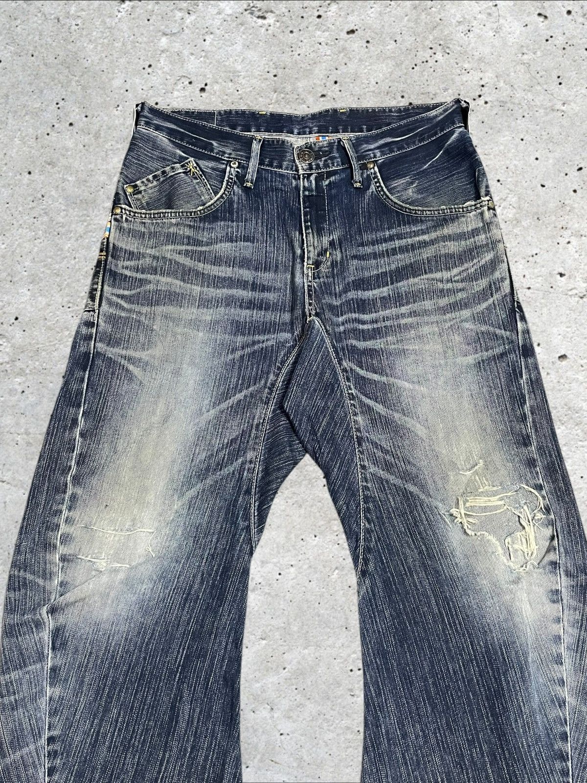 Edwin Vtg Edwin Twisted Loose Ripped Blue Wash Buckle Back Jeans Size US 31 - 2 Thumbnail