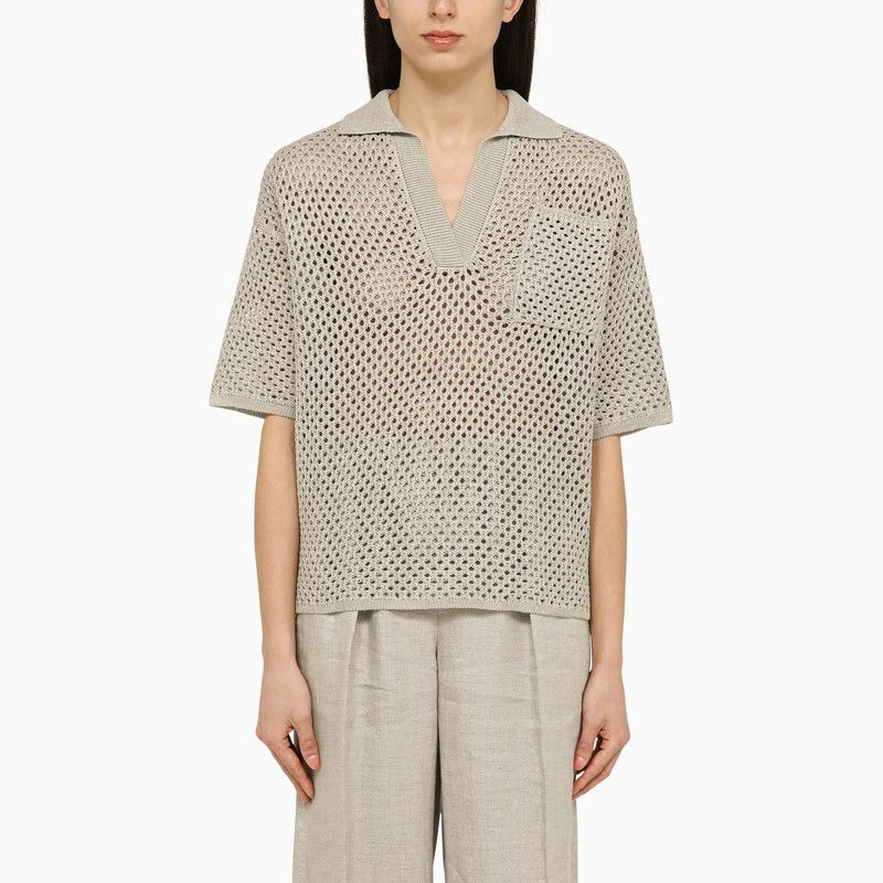 image of Brunello Cucinelli Quartz-Coloured Perforated Cotton Polo Shirt in Beige, Women's (Size Medium)