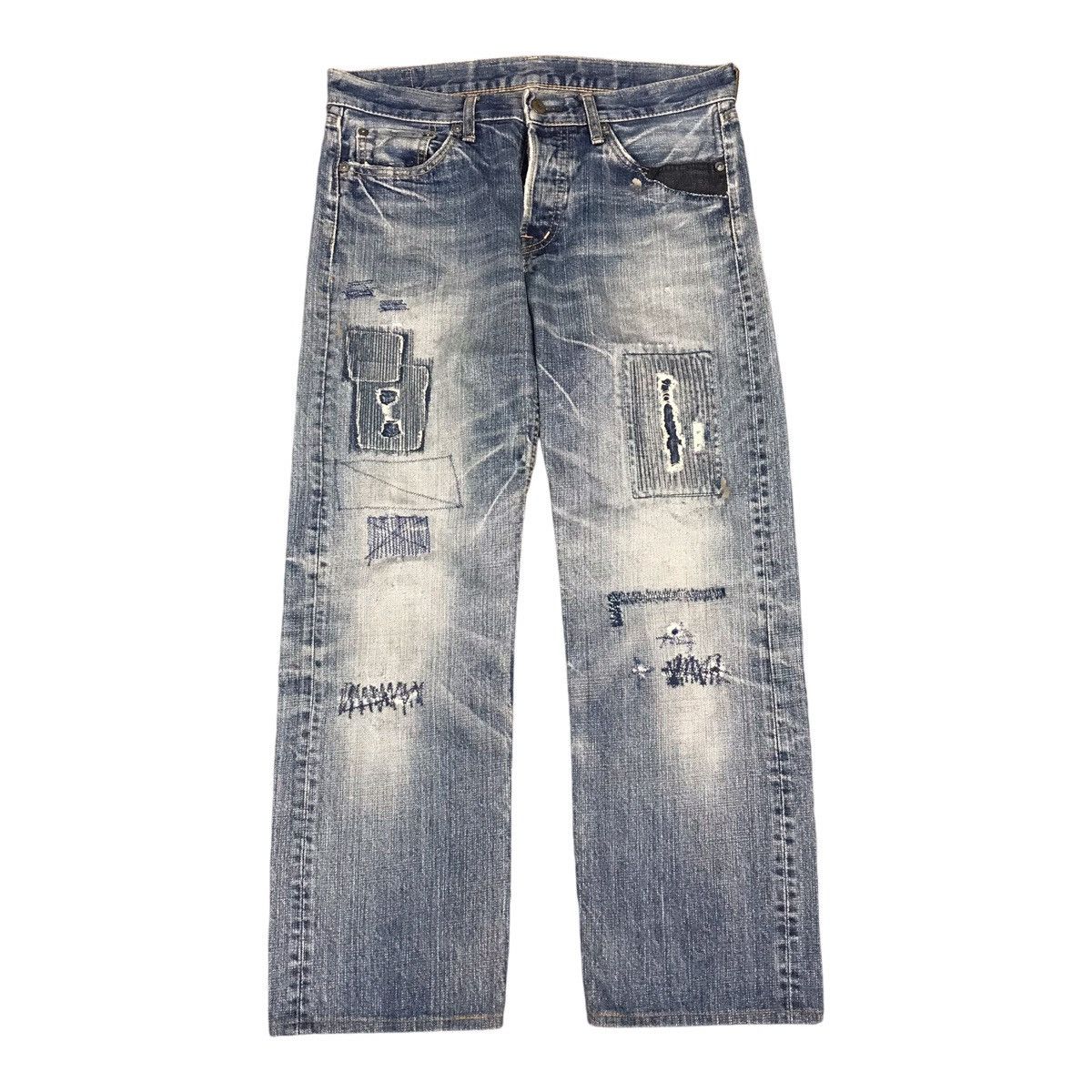 Designer × Japanese Brand DMG DISTRESSED BLUE DENIM PATCHWORK PANTS Size US 30 / EU 46 - 1 Thumbnail