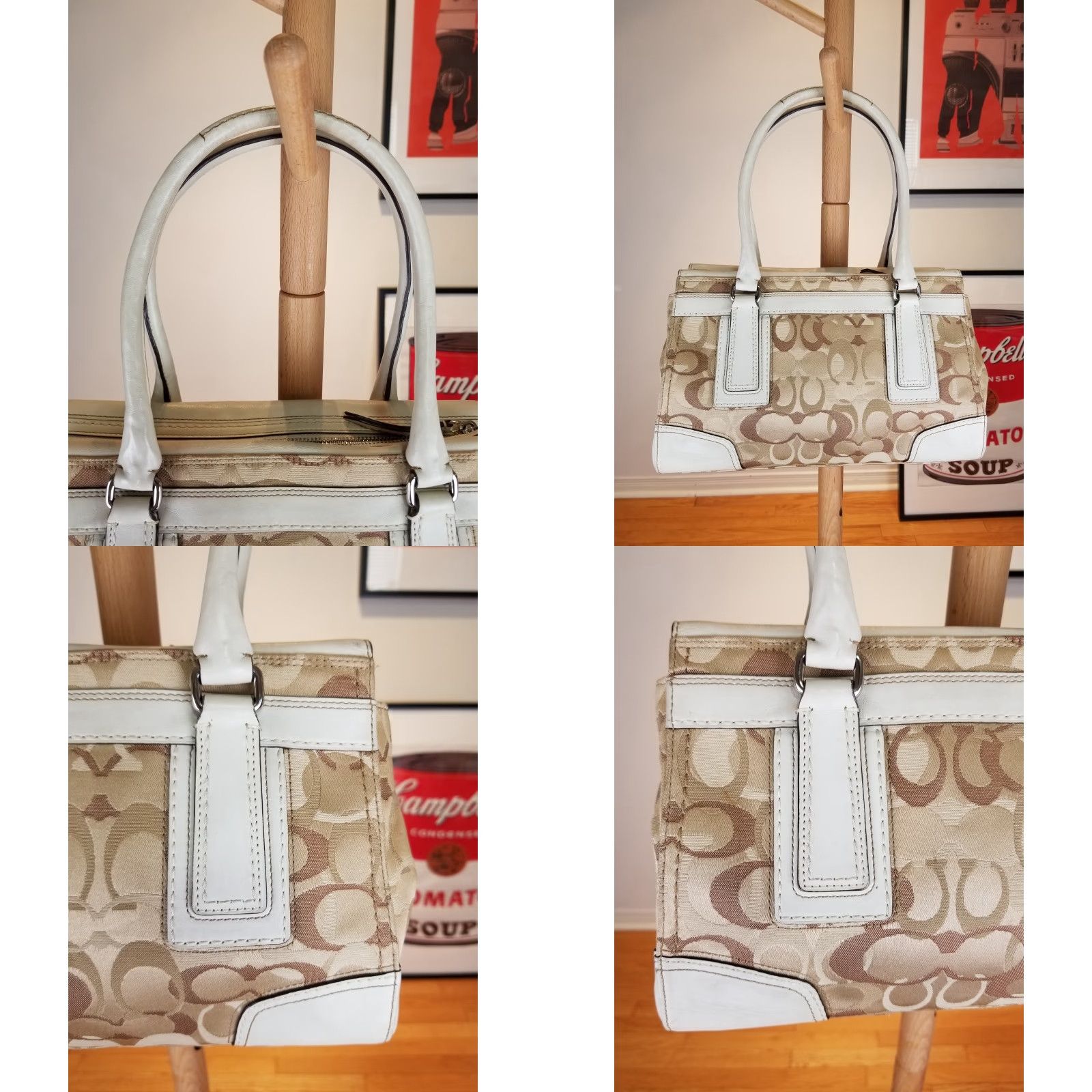 Coach VINTAGE COACH BEIGE SHOULDER HANDBAG SZ 12"X8"X3" Women Bag, Checkered Leather PVC, Lined, Shoulder Bag, 90s, Mens Womens Size ONE SIZE - 8 Thumbnail