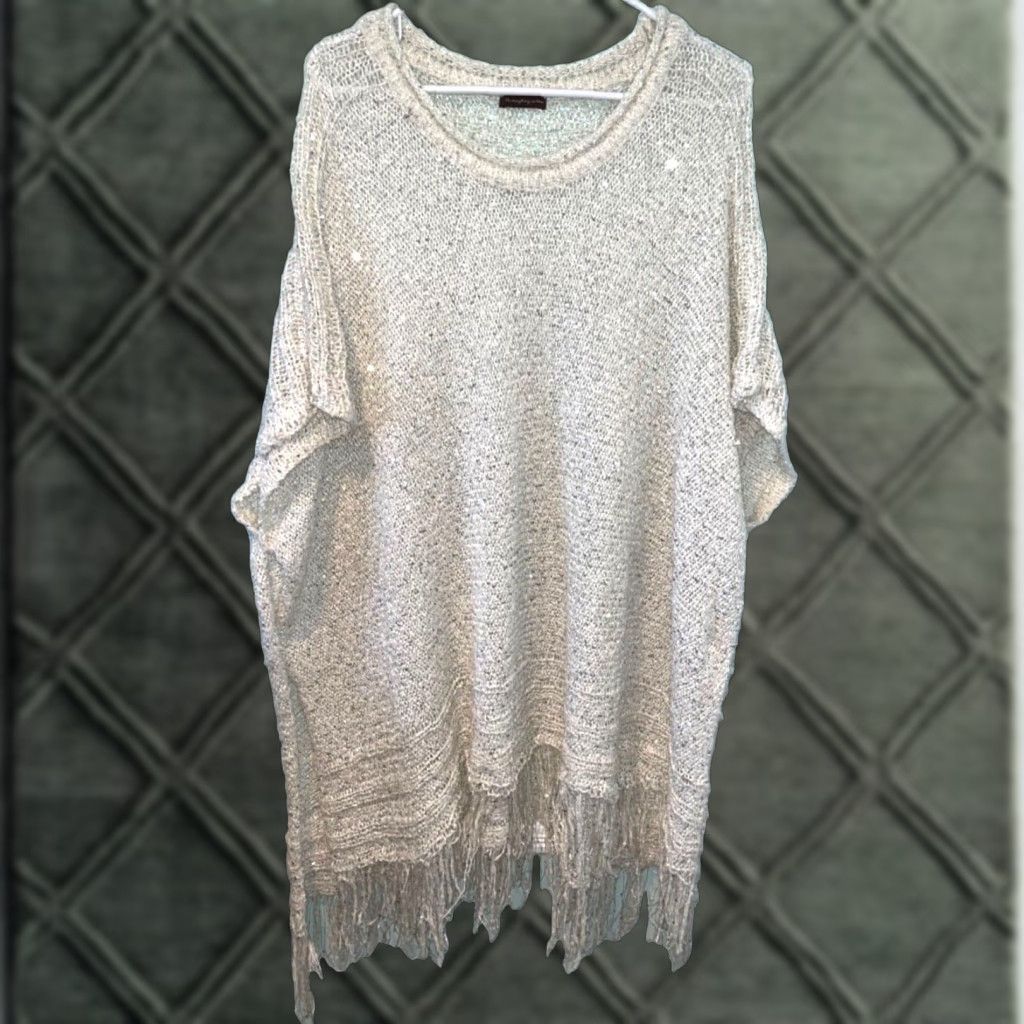 Anthropologie Anthropologie Do Everything in Love Poncho Sweater One Size Cream Open-Knit Kimono Sleeve Pom Poms Women's Knit Sweater Casual Workwear Size ONE SIZE - 1 Thumbnail