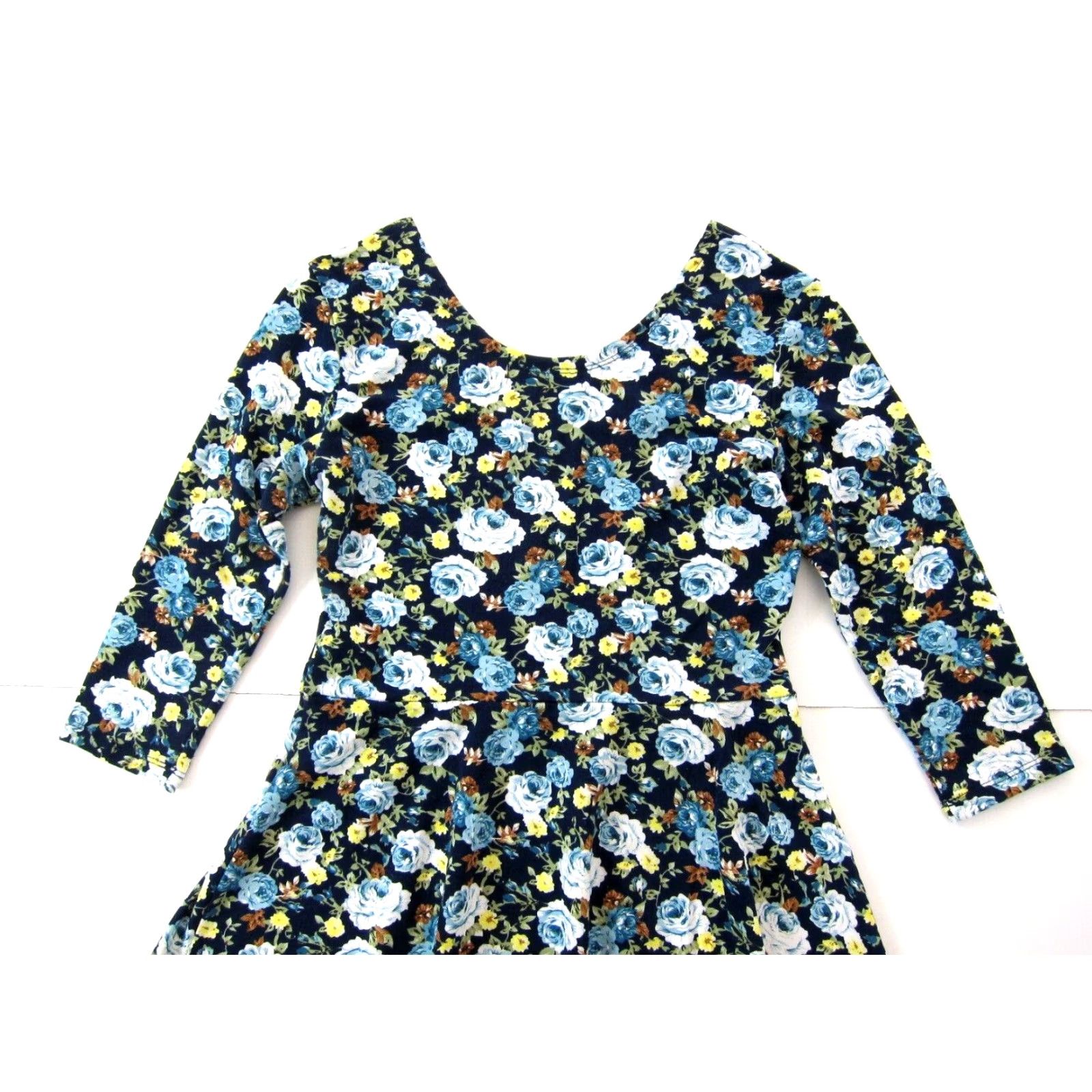 Vintage Tomsware Jersey Stretch Blue Yellow Floral 3/4 Sleeve Empire Waist Dress Large Size L / US 10 / IT 46 - 5 Thumbnail