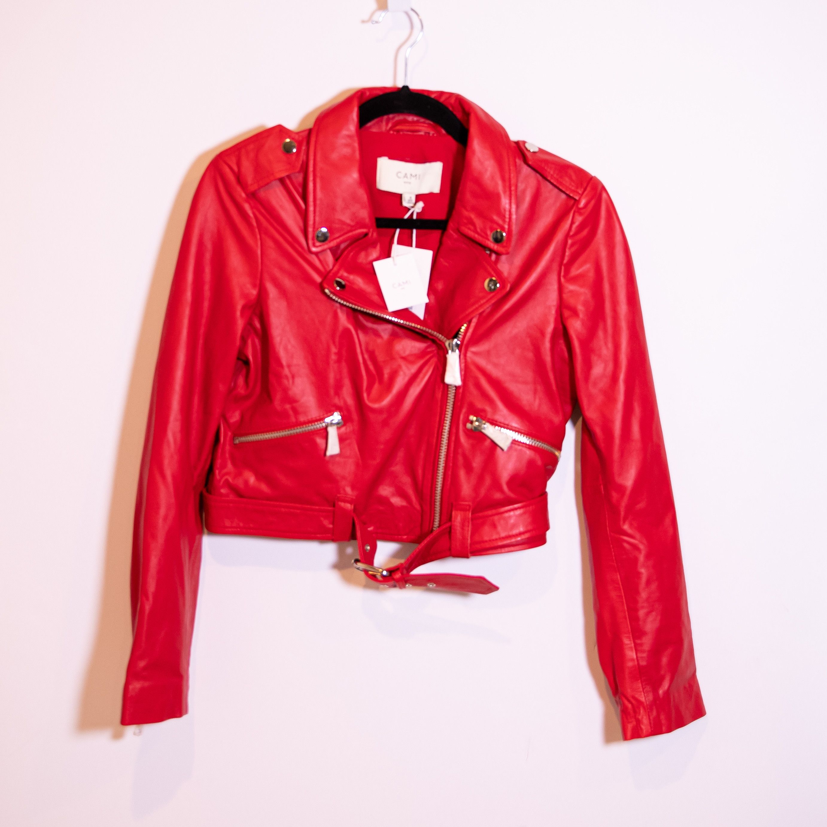 image of New Cami NYC Kali Genuine Leather Motorcycle in Red, Women's (Size Small)