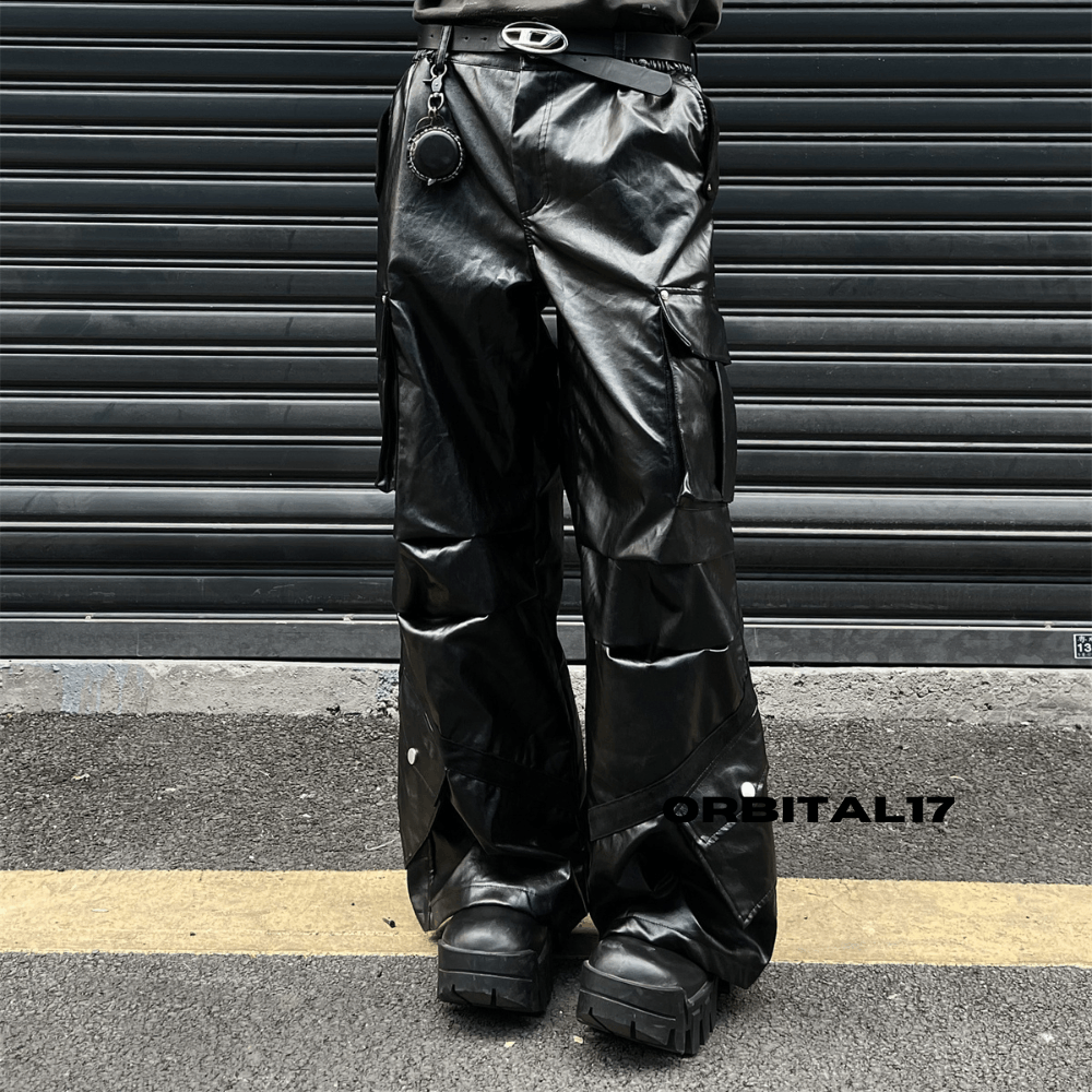 Leather Black Cargo Baggy Stacked Flare Faux Leather Jeans Size US 32 / EU 48 - 6 Thumbnail
