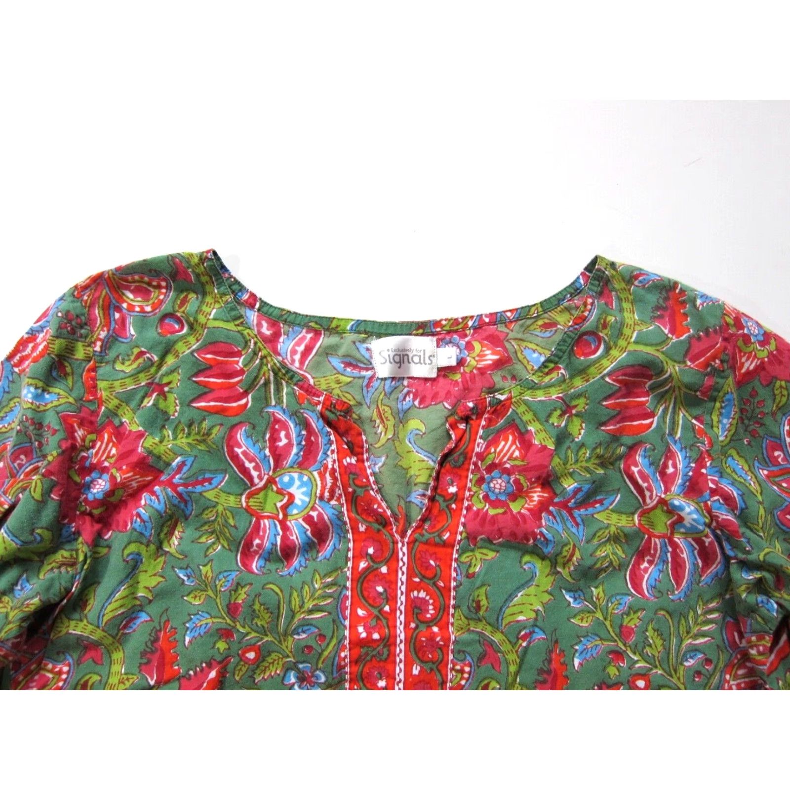 Pinko VINTAGE Signals Cotton Green Pink Blue Floral Paisley Asymmetric Tunic Peasant Blouse L Size L / US 10 / IT 46 - 4 Thumbnail