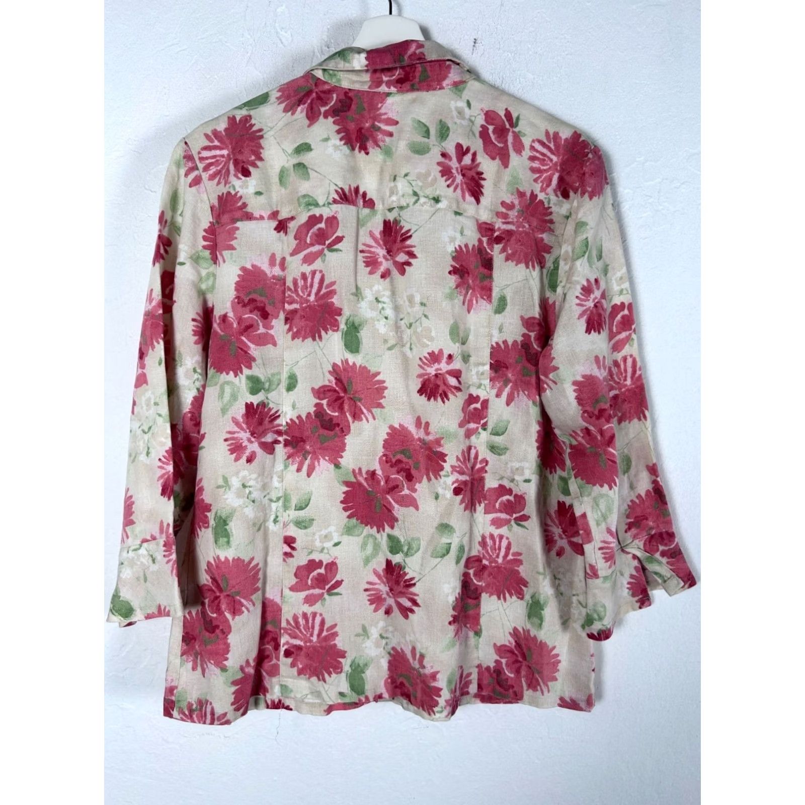 JM Collection JM Collection Womens Floral Button-Up 3/4 Sleeve Linen Blouse Size 12 Pink/Green Size XL / US 12-14 / IT 48-50 - 2 Thumbnail