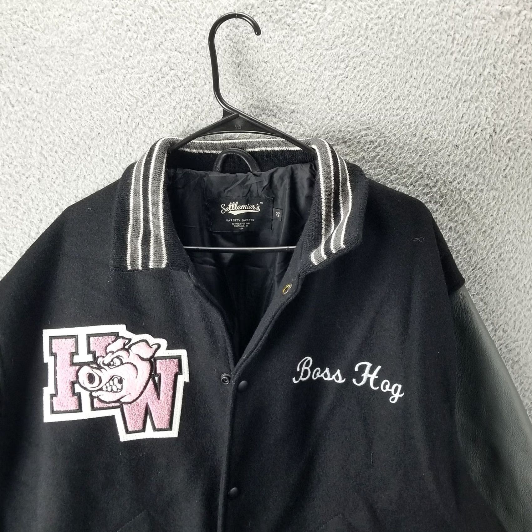 Vintage VINTAGE Settlemier's Leather Wool Varsity Jacket Men 46 XXL Embroidered Logo Pockets Black Knit Reg Jacket Reg Mens 46 Embroidered Varsity Jacket Size US S / EU 44-46 / 1 - 2 Thumbnail