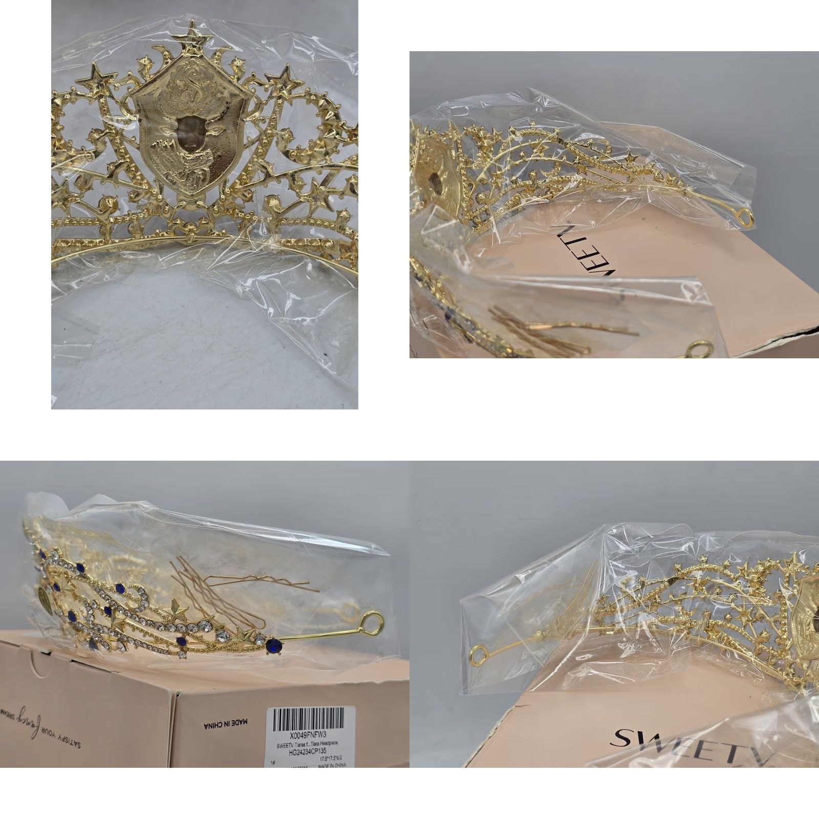 Vintage SWEETV Zodiac Crown/Tiara - Gold/Silver/Aqua/Blue - Symbol Taurus Headpiece Womens Wedding Party/Cocktail Formal Rhinestone Bull 90s? Size ONE SIZE - 9 Thumbnail