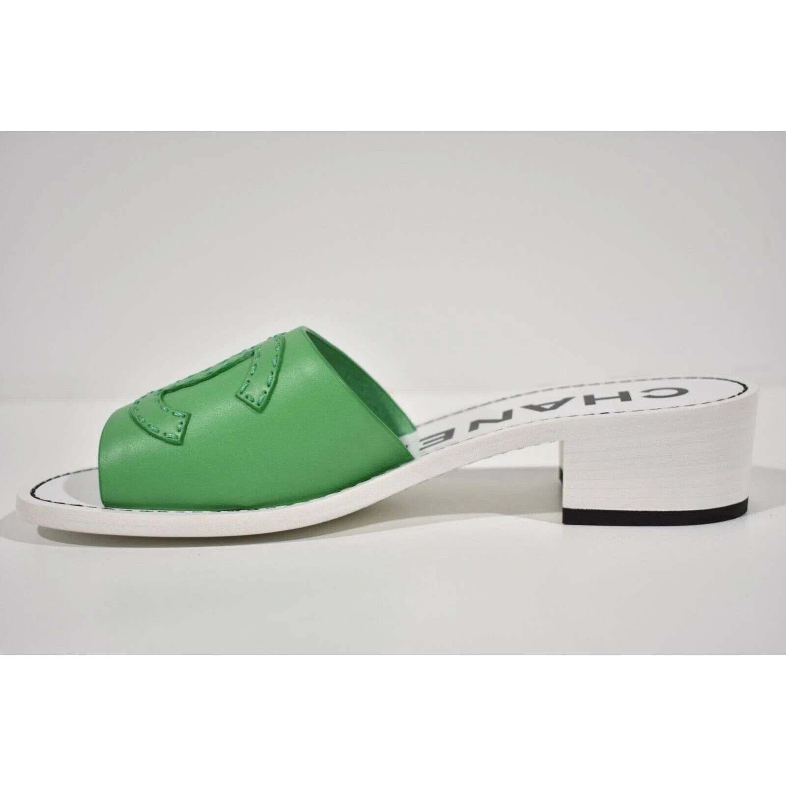 Chanel Chanel 22S Green Calfskin Leather White CC Logo Mules Size US 7 / IT 37 - 9 Thumbnail