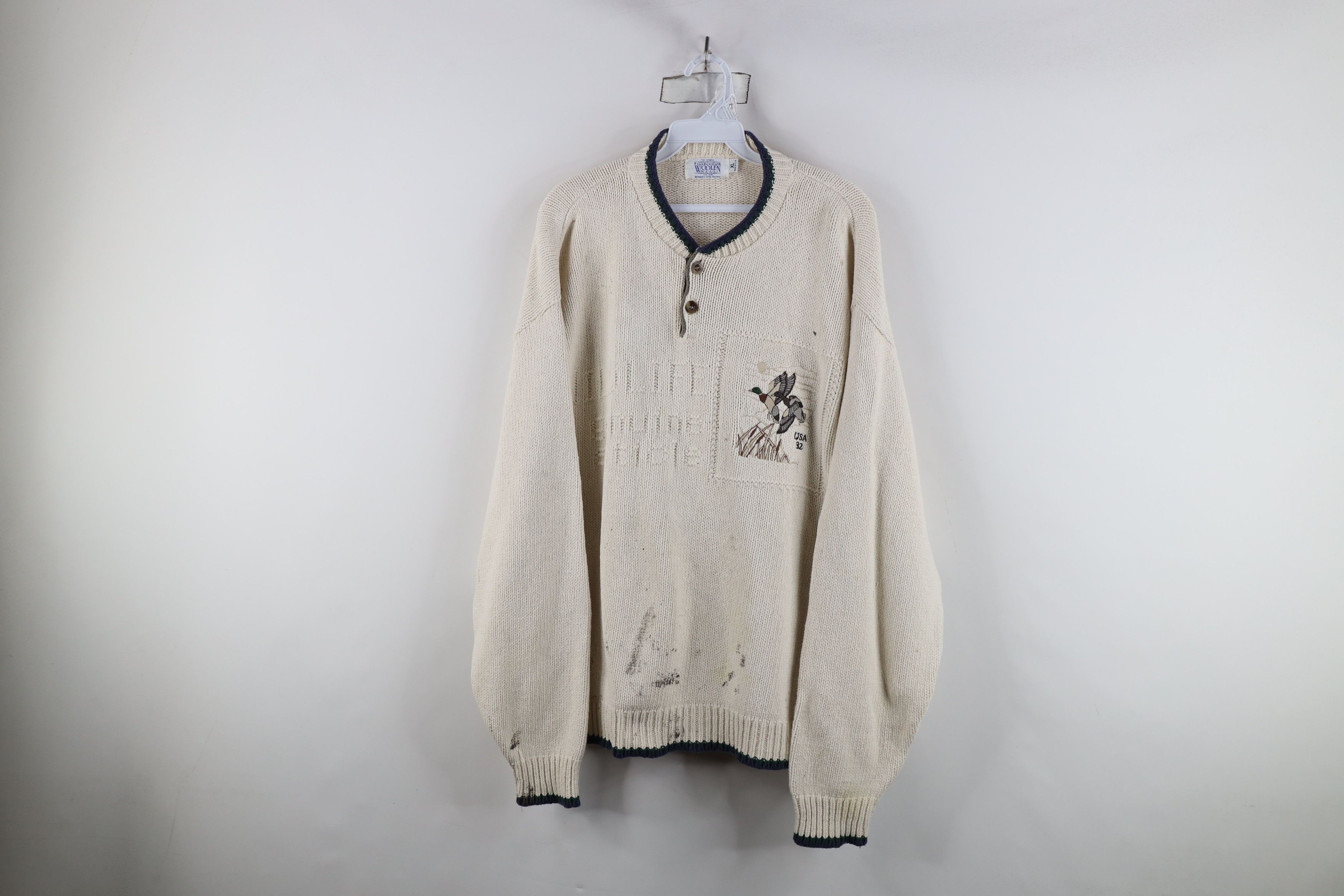 Vintage Vintage 90s Streetwear Stamp Duck Knit Henley Sweater USA Size US XL / EU 56 / 4 - 1 Thumbnail