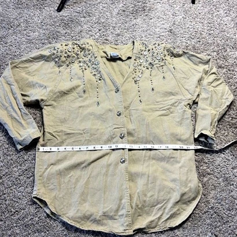 Vintage VINTAGE 90's Y2K Cotton Shirt M Beige Embellished Rhinestone Button Up Size M / US 6-8 / IT 42-44 - 2 Thumbnail