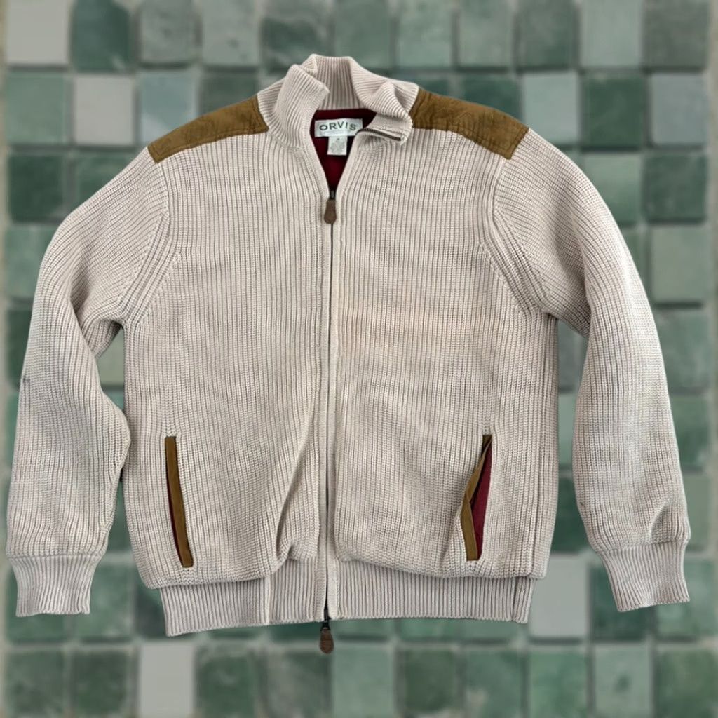 Orvis Orvis Suede Shoulder Patches Bomber Knit Jacket Beige Men M Lined Full Zip Pockets Zipper Casual Workwear Winter Fall Spring Outdoor Regular Coat Size US M / EU 48-50 / 2 - 1 Thumbnail
