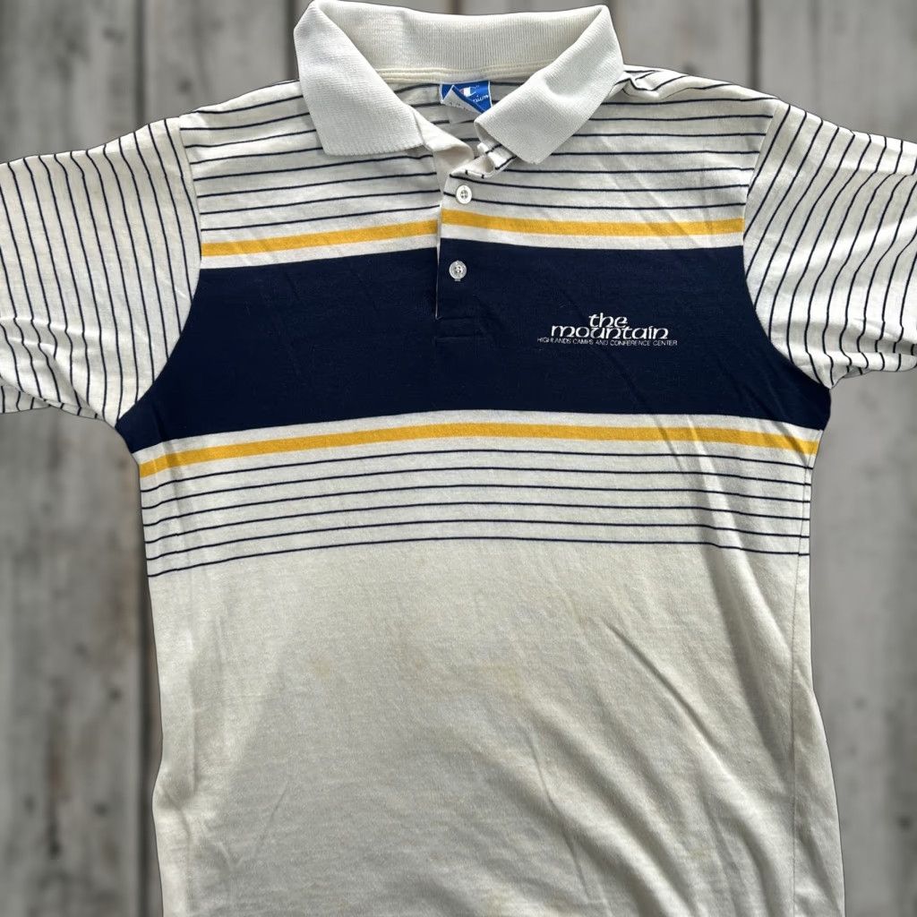 Champion VINTAGE Champion Polo Shirt Mens Large White Navy Striped The Mountain 90s USA Size US L / EU 52-54 / 3 - 1 Thumbnail