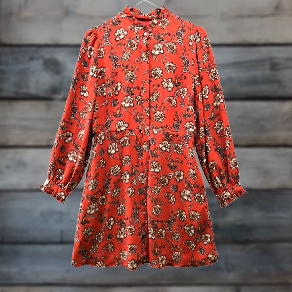 Loft LOFT Long Sleeve Mini Dress 4P Rust Orange A-Line Floral Ruffle Collar Chiffon Dress Womens 4P Petite VINTAGE? No Size S / US 4 / IT 40 - 1 Thumbnail
