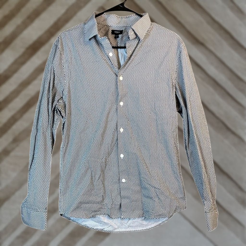 Express Express Mens Shirt White Black Geometric Slim Button-Down Stretch Small Size US S / EU 44-46 / 1 - 1 Thumbnail