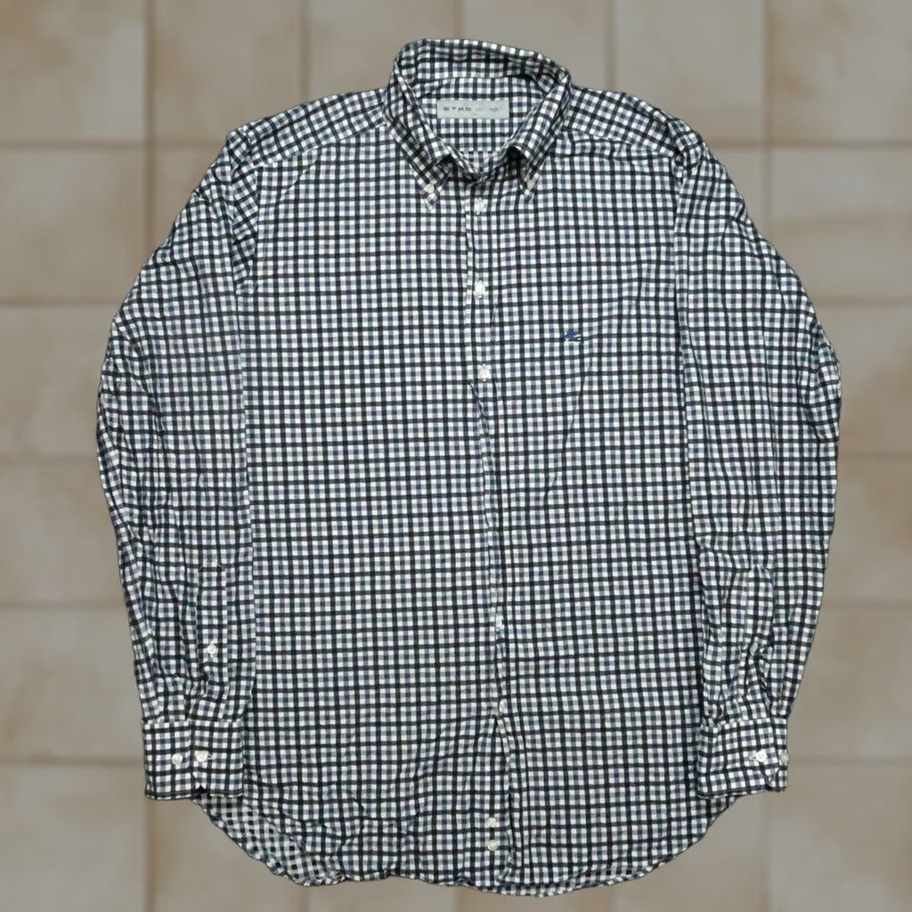 Etro ETRO Shirt Mens L White Black Blue Gingham Check Long Sleeve Button-Up Organic? (no) Size US L / EU 52-54 / 3 - 1 Thumbnail
