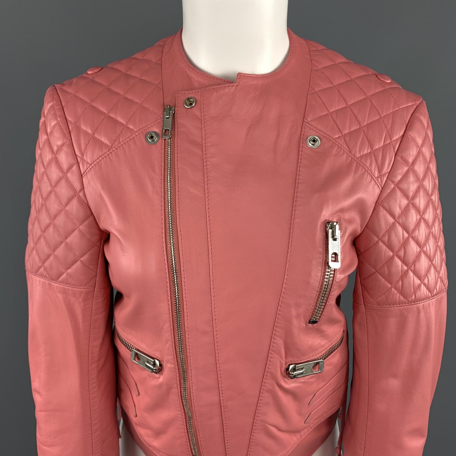 Balenciaga BALENCIAGA Size 6 Pink Quilted Leather Moto Biker Jacket Size US S / EU 44-46 / 1 - 3 Thumbnail