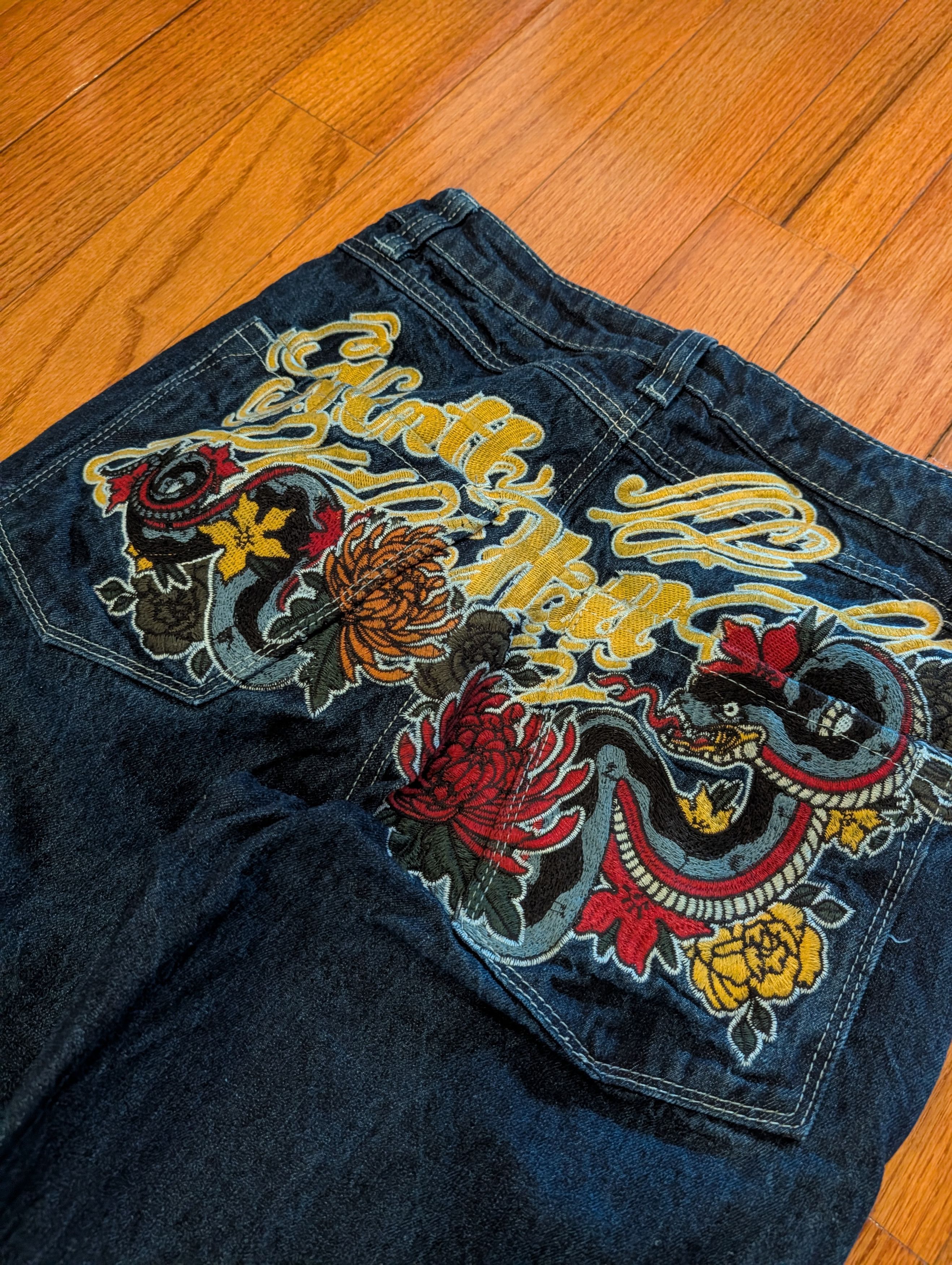 Ed Hardy VTG Y2K Ninth Hall Wide Baggy Jeans Dragon Tattoo Embroidery Size US 30 / EU 46 - 2 Thumbnail