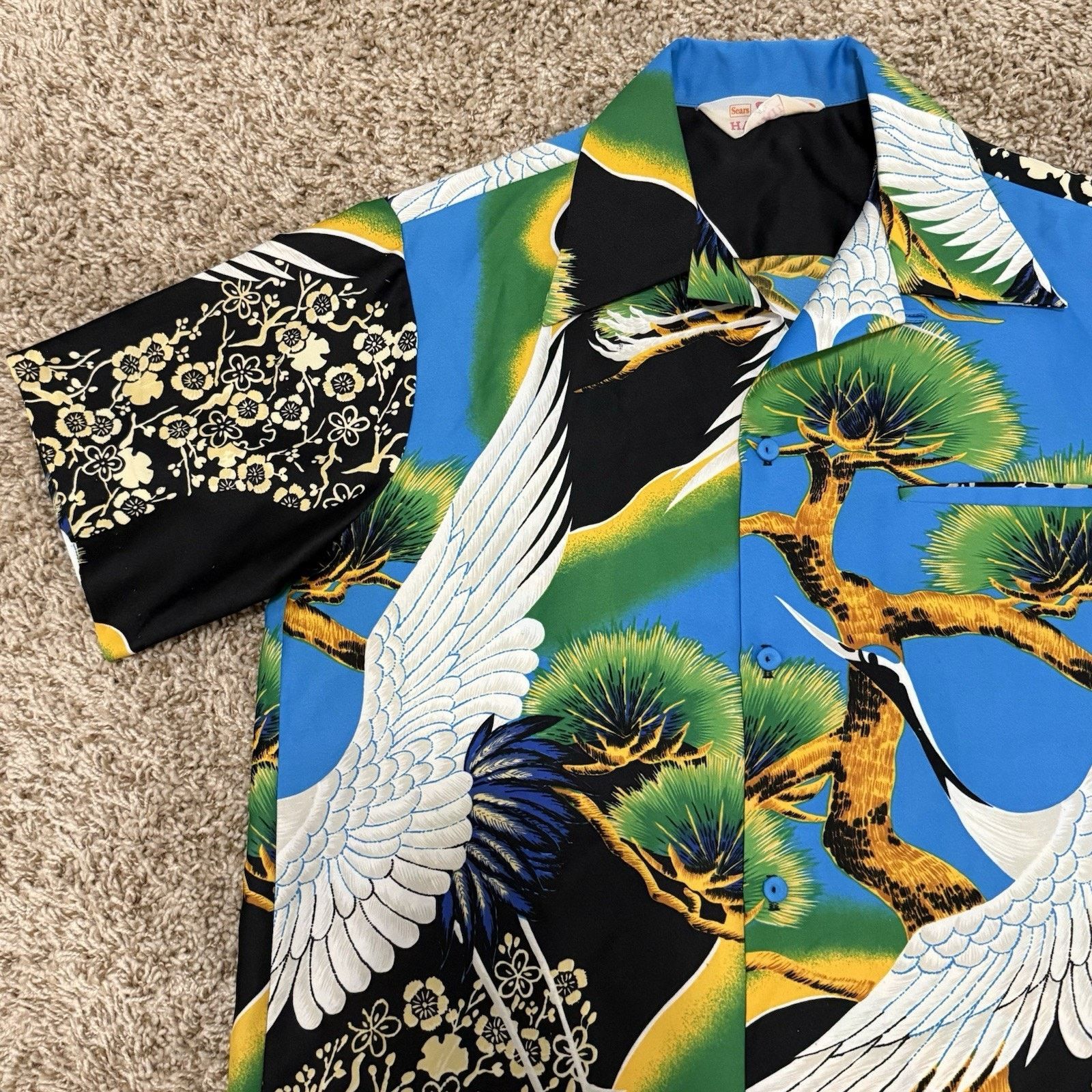 Sears × Vintage Vintage 70’s Hawaiian Japanese Cranes Button Up Camp Shirt Size US L / EU 52-54 / 3 - 4 Thumbnail