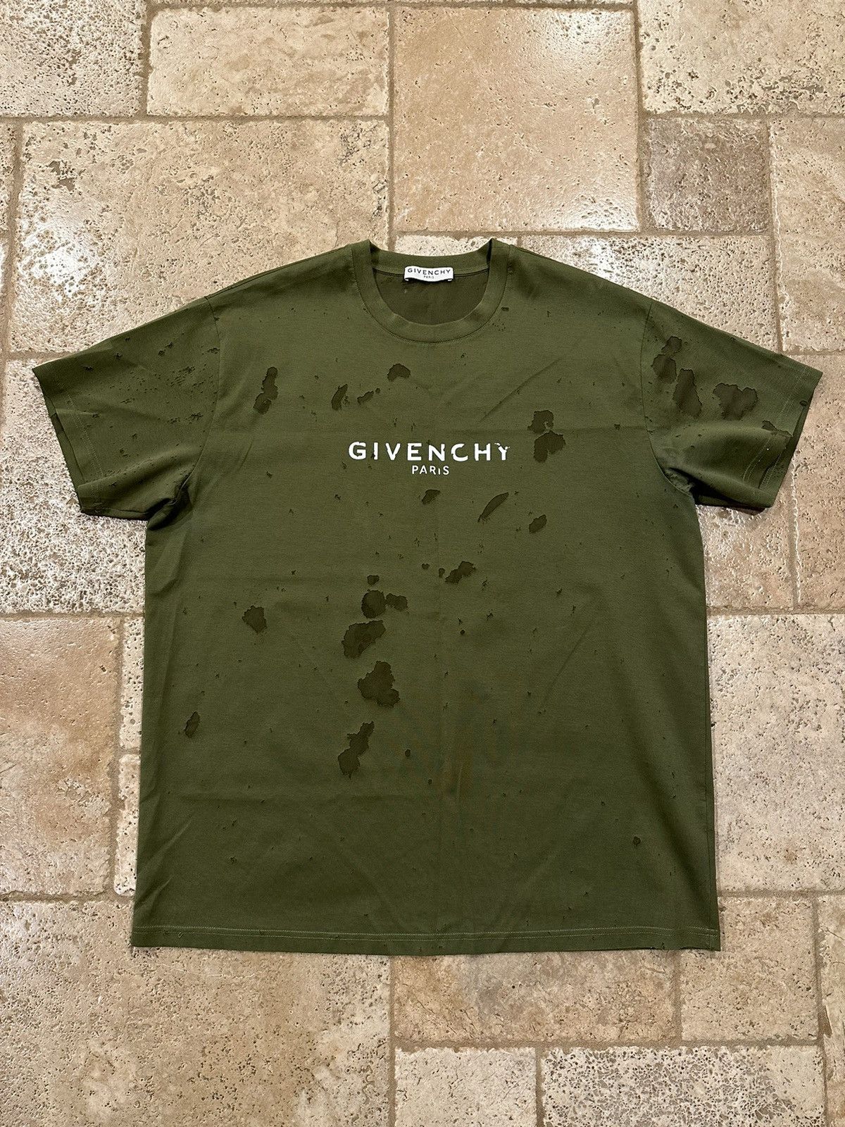 image of Givenchy Destroyed / Distressed Olive Paris Logo T-Shirt, Men's (Size XL)