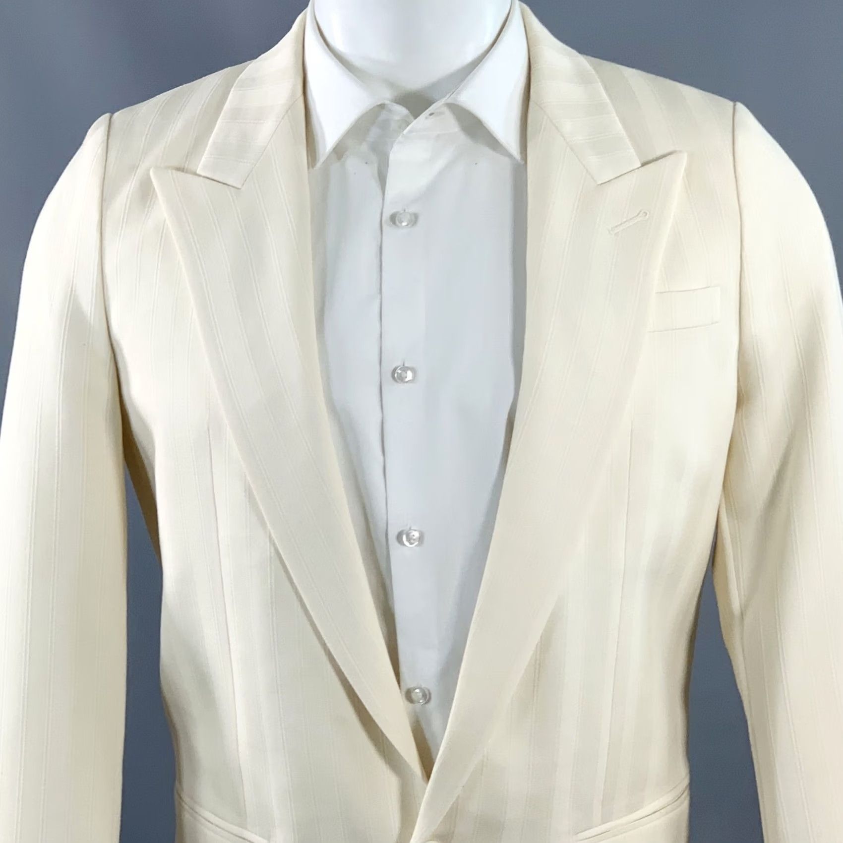 Yves Saint Laurent SAINT LAURENT Sport Coat Size 40 Regular Cream White Stripe Wool Peak Lapel Men Size US XXS / EU 40 - 2 Thumbnail