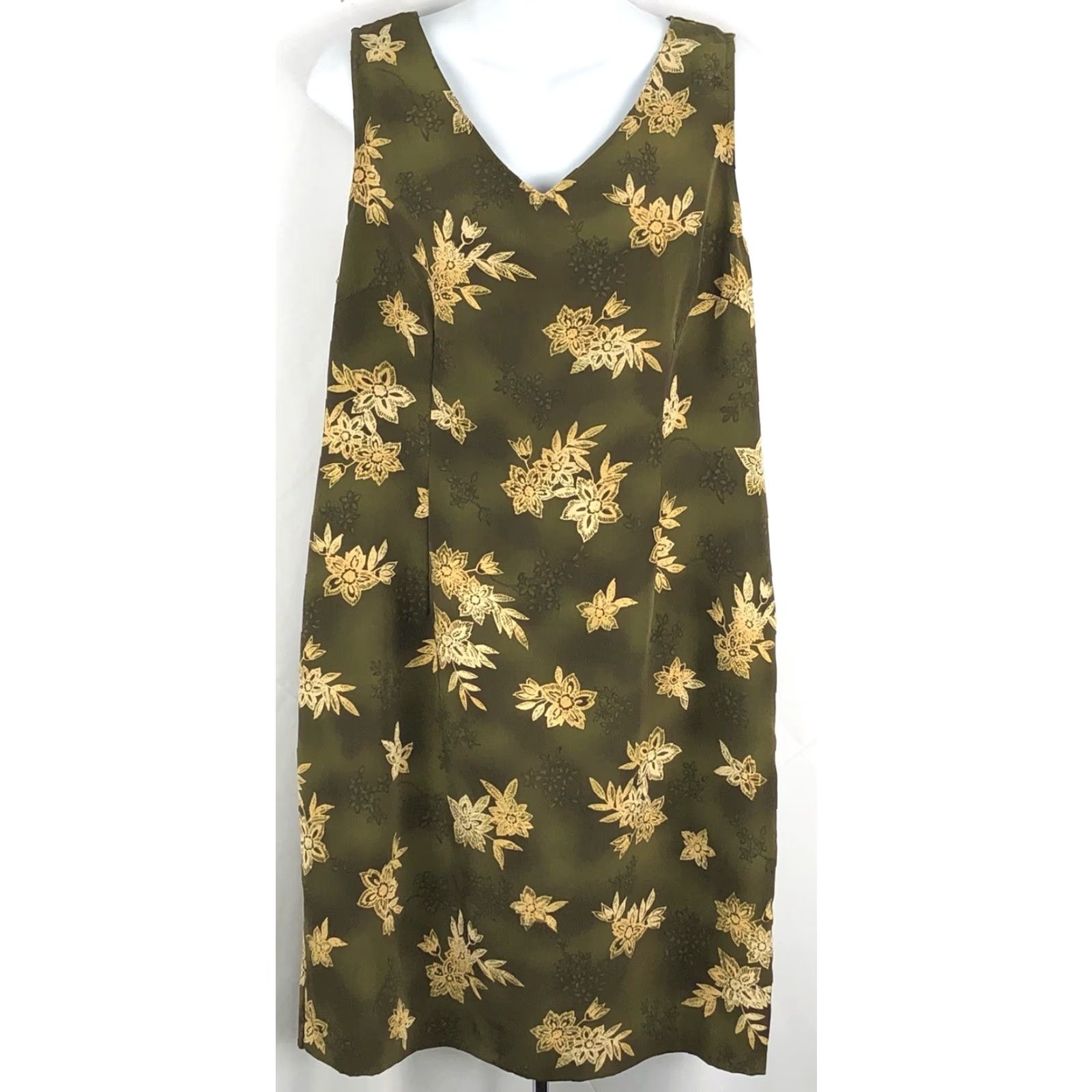 Vintage Yes Kathie Lee Dress 14 Green Floral V-Neck Sleeveless Silky Boho  Hippie Y2K Classic