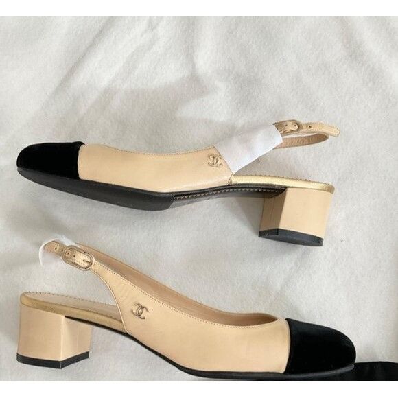 Chanel CHANEL Interlocking TWO tone beige Leather Slingback Pumps h Size US 7 / IT 37 - 9 Thumbnail