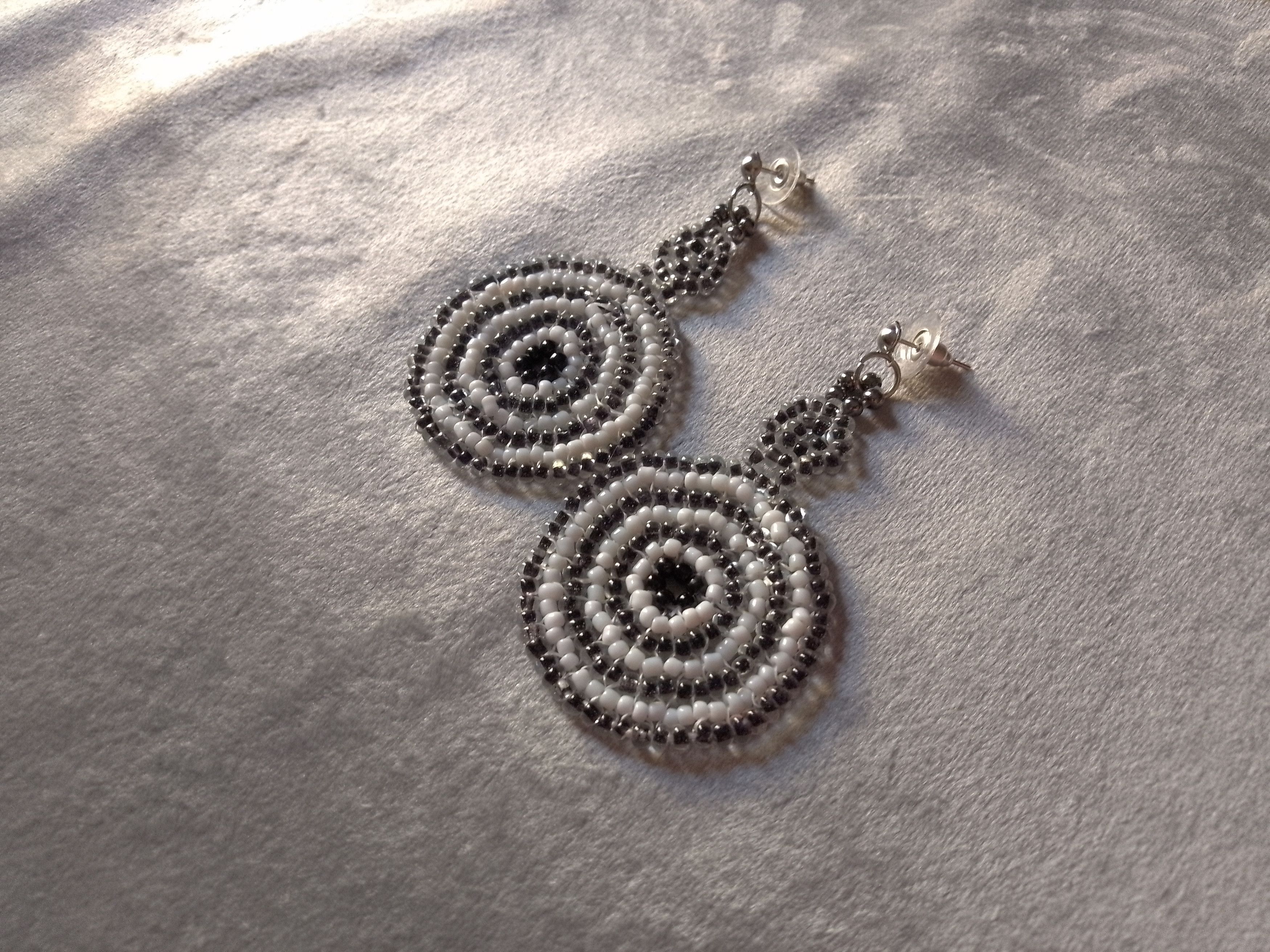 Handmade Earrings Circles Long Black White Embroidered Size ONE SIZE - 1 Thumbnail