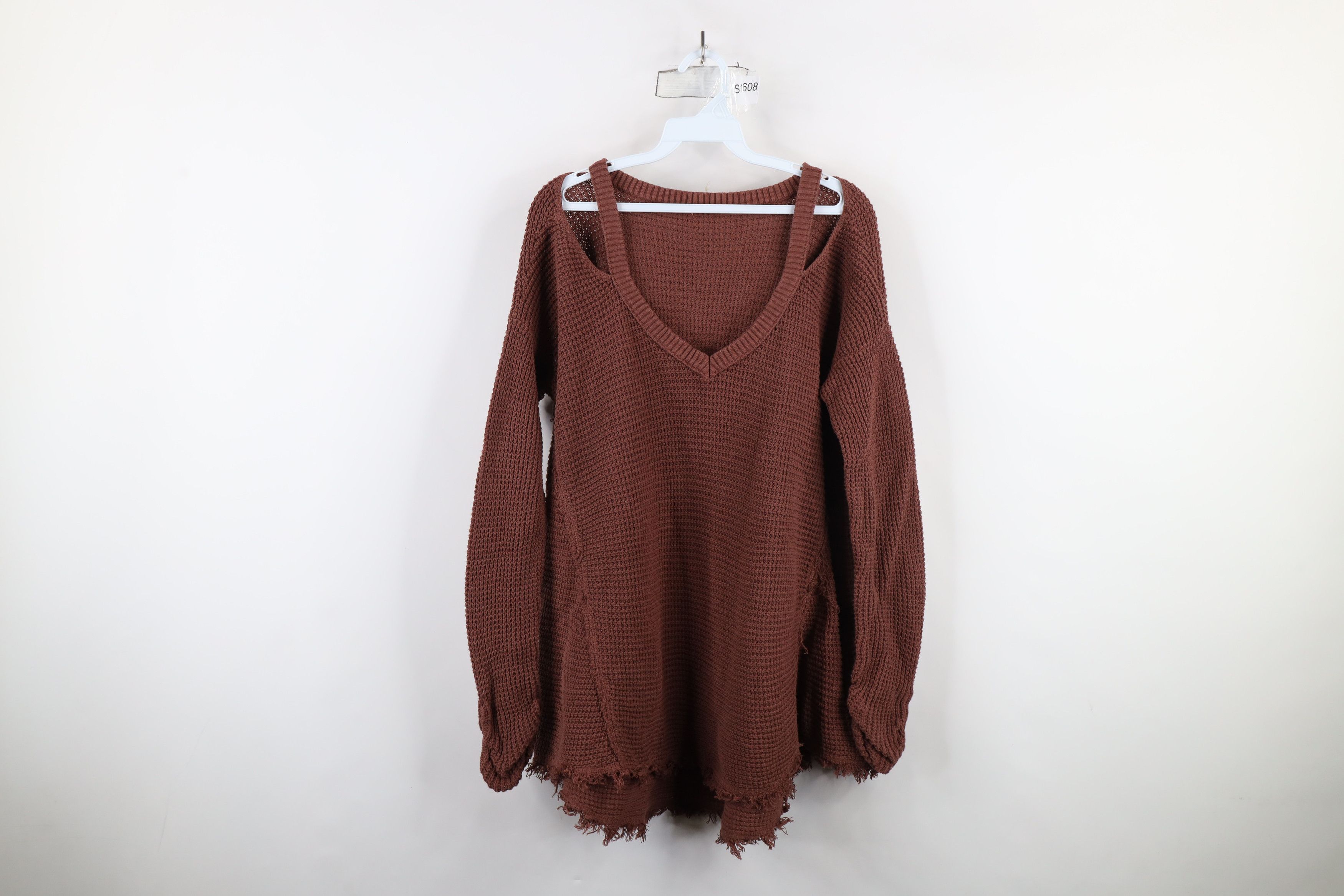 Free People × Vintage Free People Fringed Cold Shoulder Thermal Knit Sweater Brown Size L / US 10 / IT 46 - 1 Thumbnail