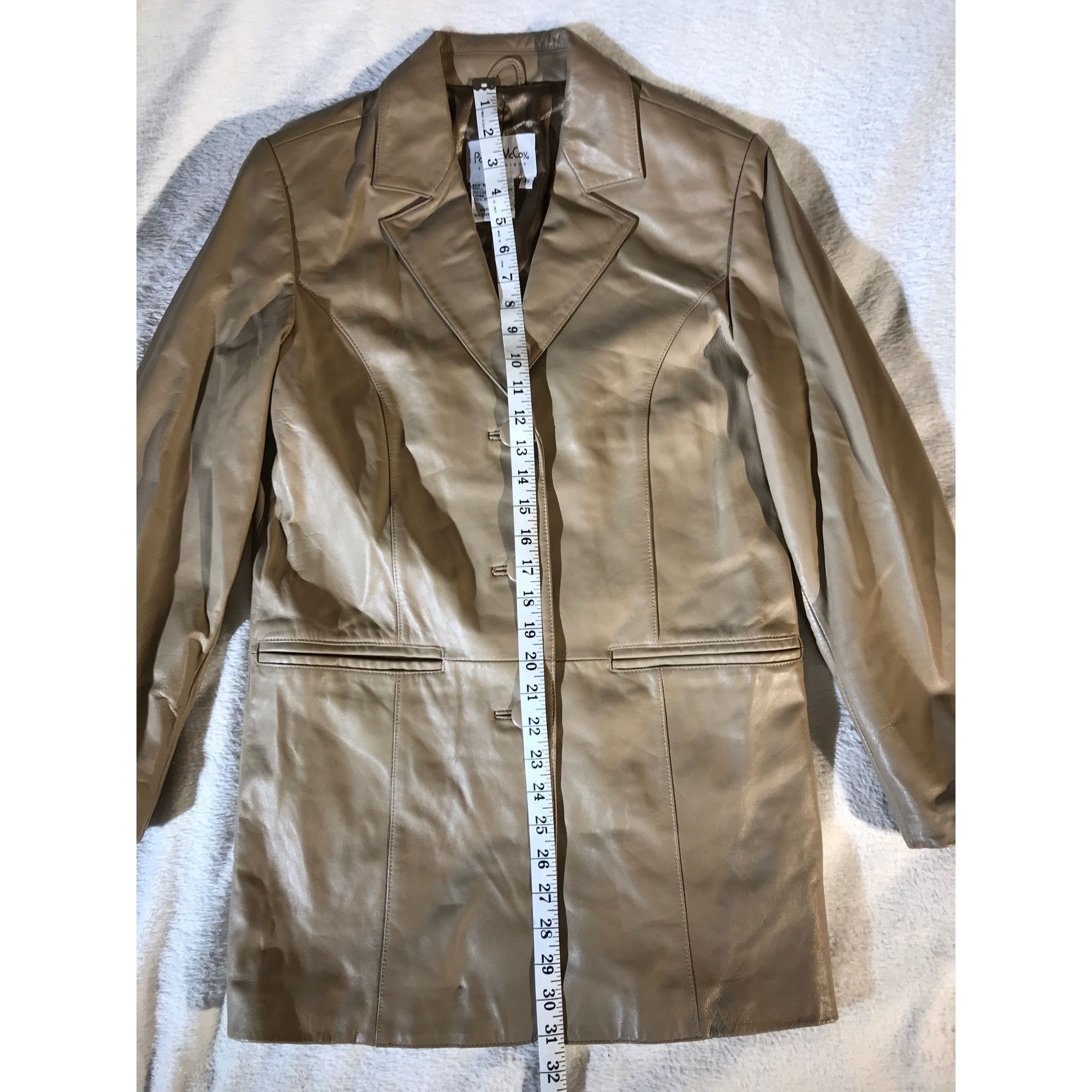 Designer Pamela McCoy Women's Vintage Y2K Taupe Leather Blazer Duster Size XS / US 0-2 / IT 36-38 - 5 Thumbnail