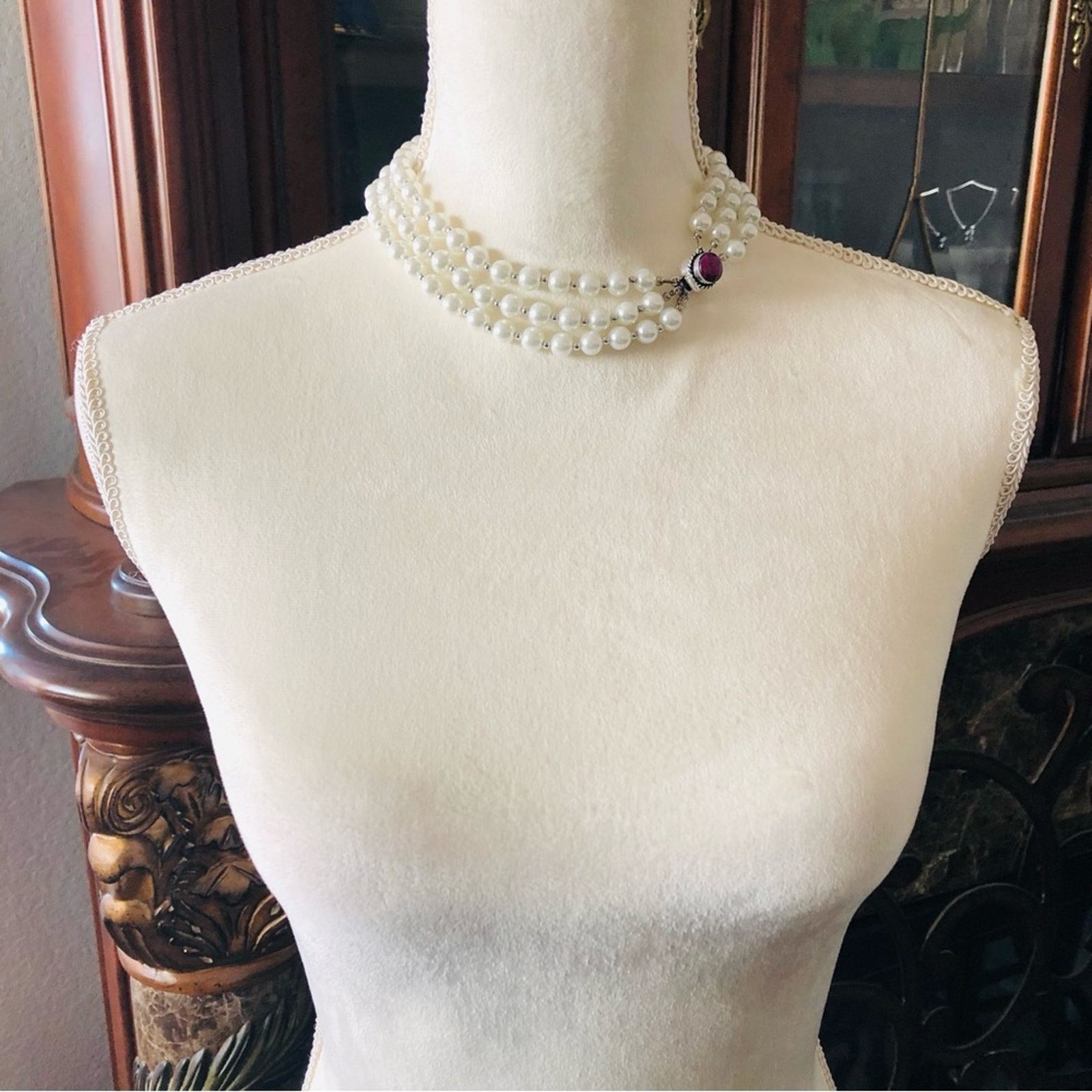 Handmade Handcrafted triple strand Pearl genuine ruby necklace Size ONE SIZE - 5 Thumbnail