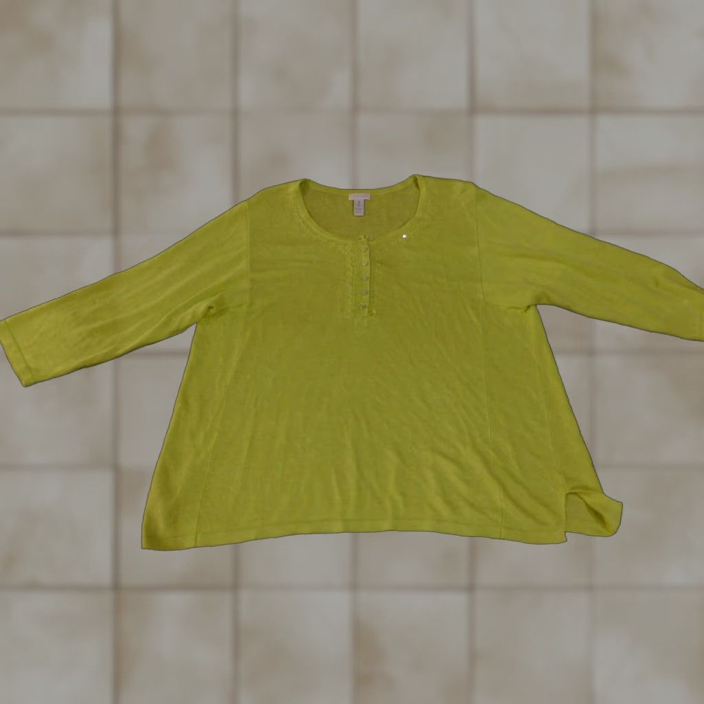 Vintage Chico's Sweater Womens 3 Green Linen Viscose Sequin Button Lightweight Top 3/4 Sleeve Scoop Neck Knitting Knit Size XS / US 0-2 / IT 36-38 - 1 Thumbnail