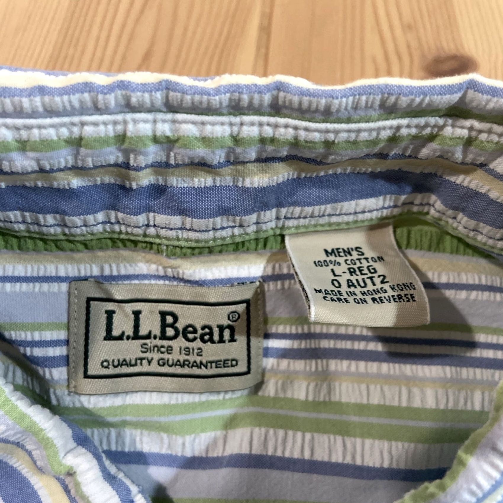 Vintage LL Bean Shirt Mens L Button-Up Short Sleeve Striped Seersucker Blue Green Button-Front Casual Travel Size US L / EU 52-54 / 3 - 2 Thumbnail